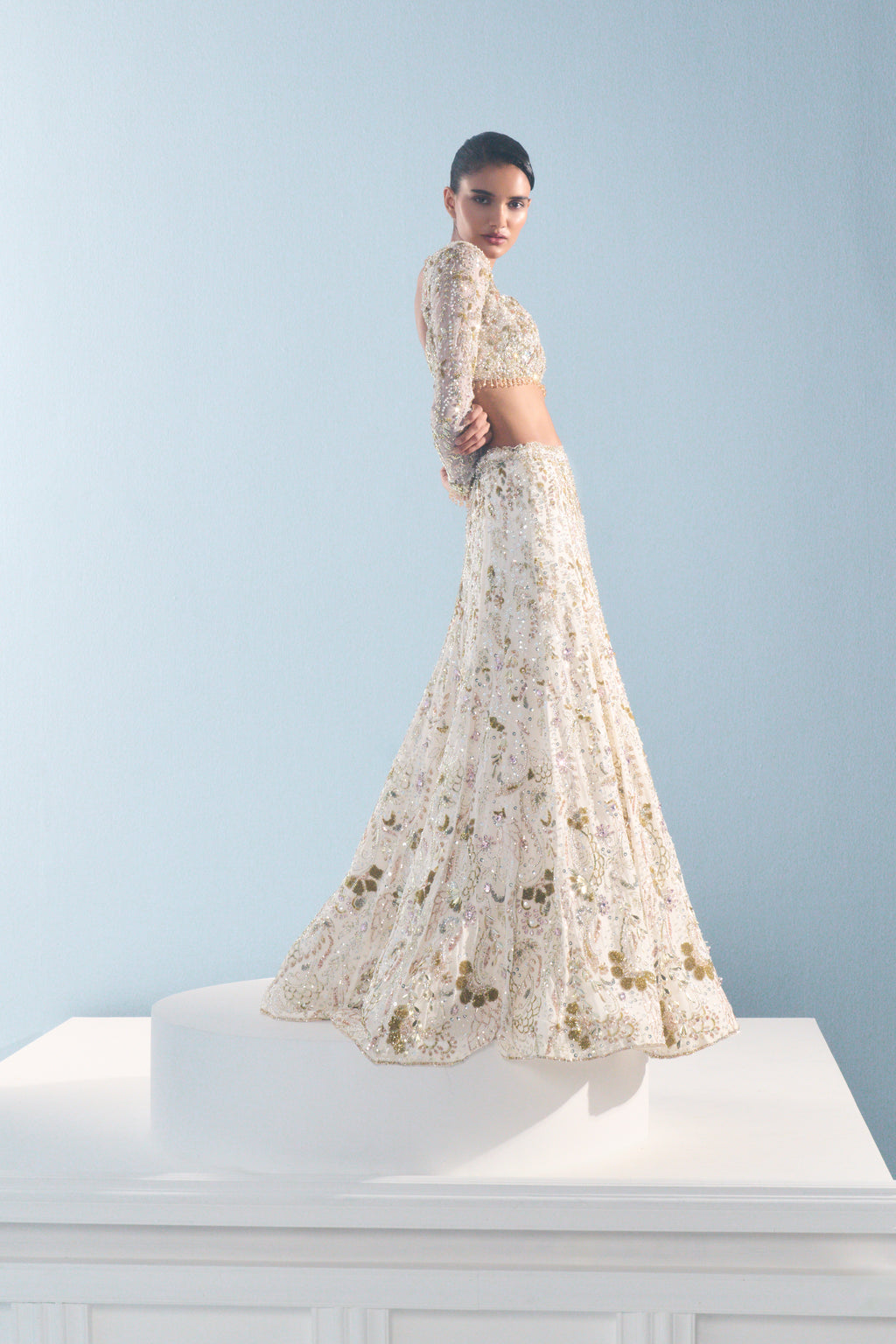 IVORY GEORGETTE FITTED  LEHENGA SET