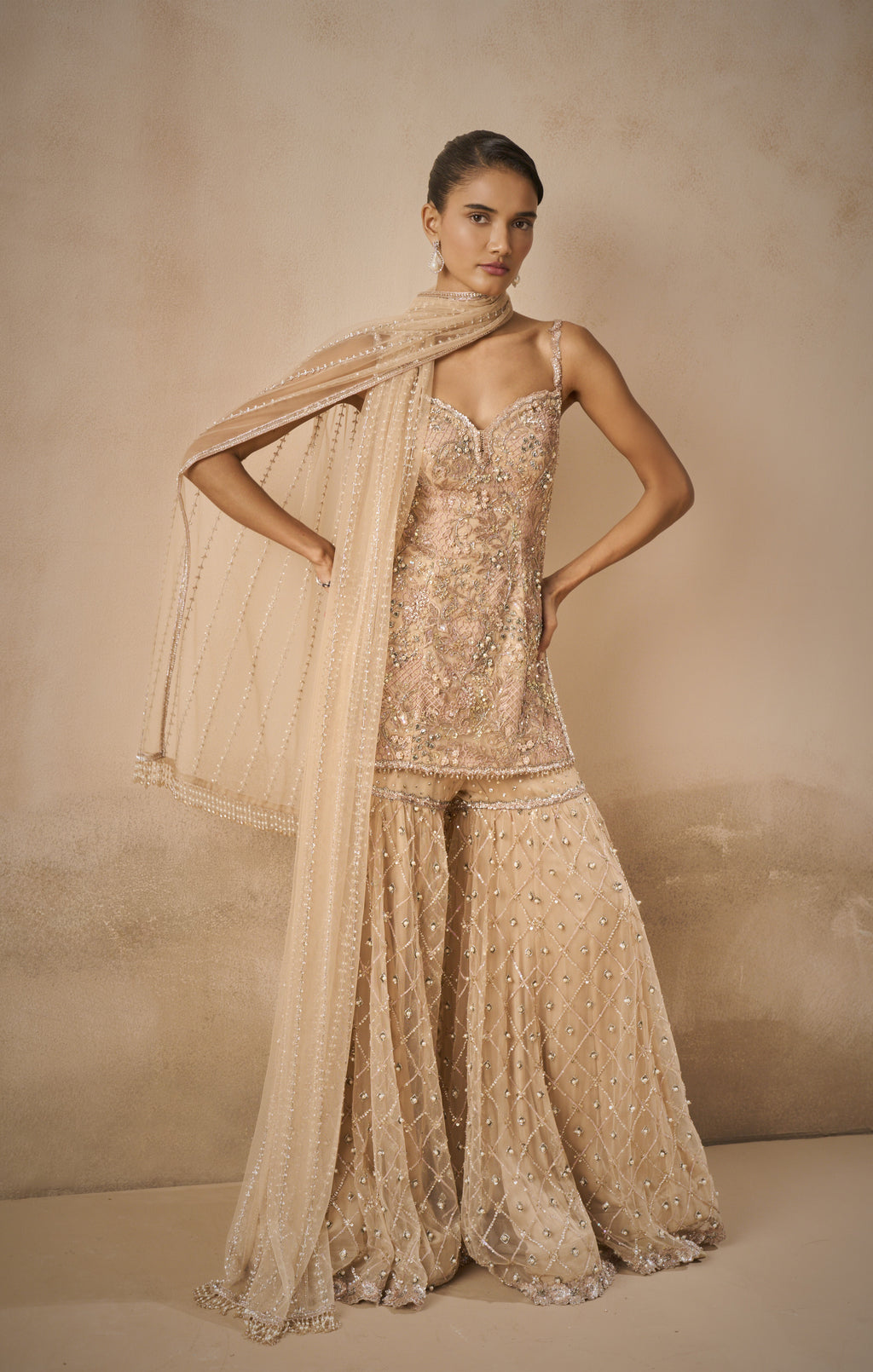 BISCUIT BROWN TULLE STRAPPY GHARARA  SET