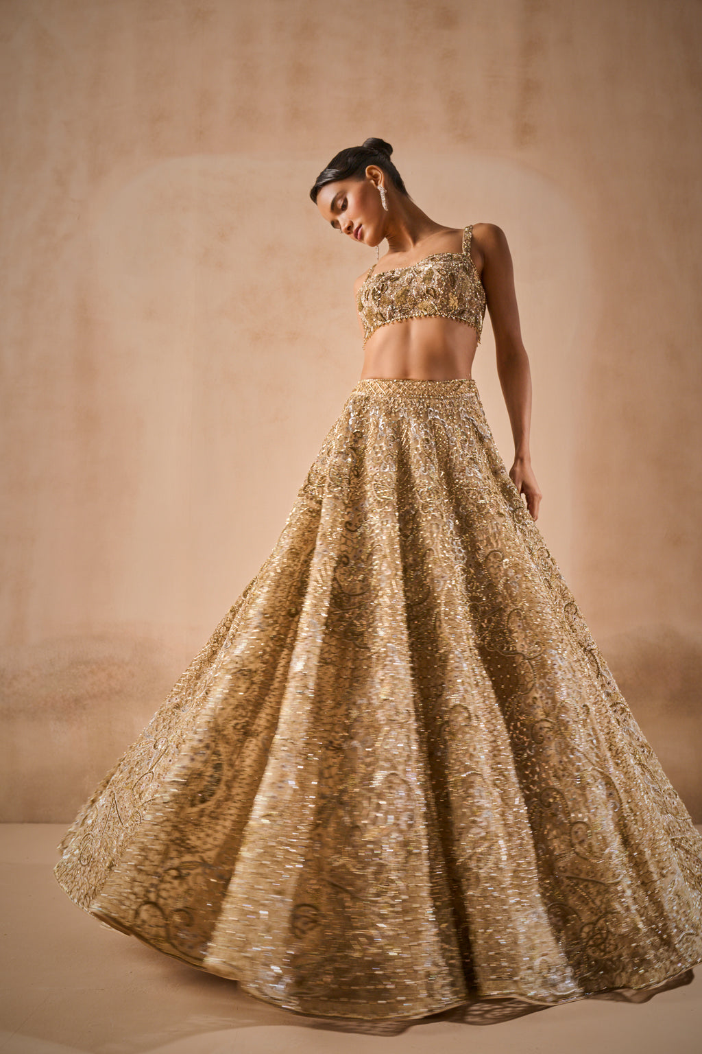 BEIGE GOLD TULLE SPARKLE LEHENGA SET