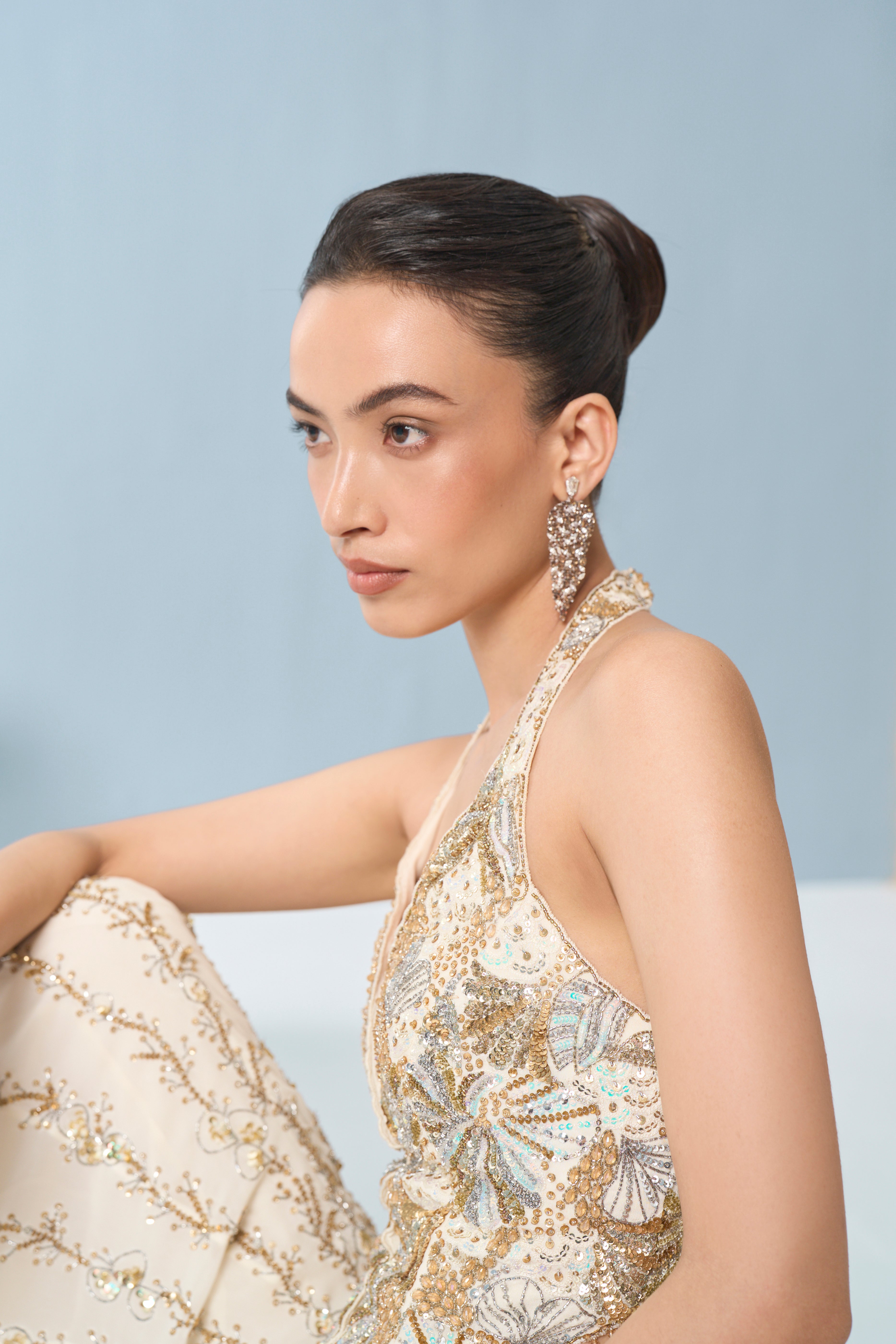 IVORY GEORGETTE HIGH WAIST SHARARA AND CORSET