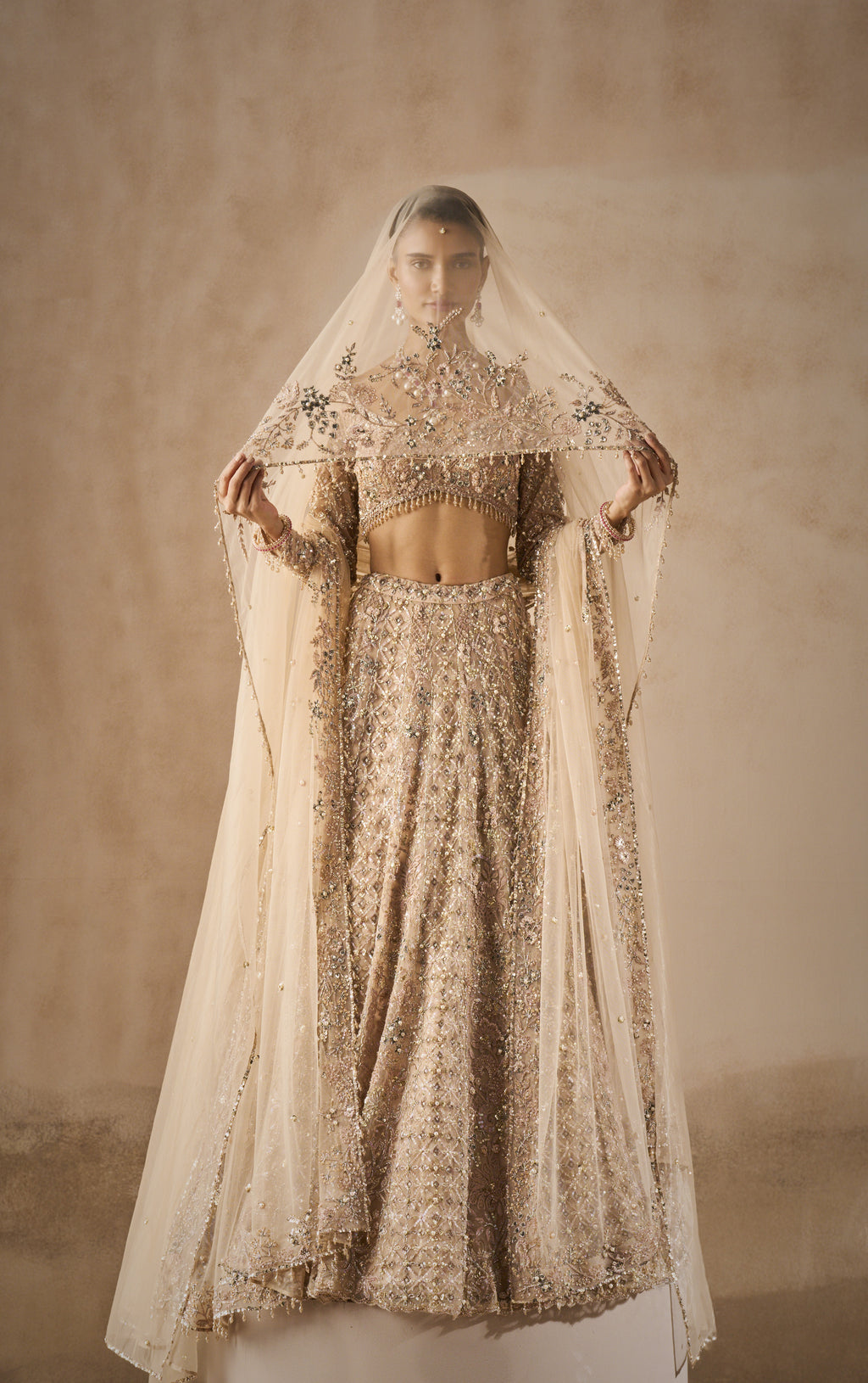 BEIGE NUDE TULLE LEHENGA SET