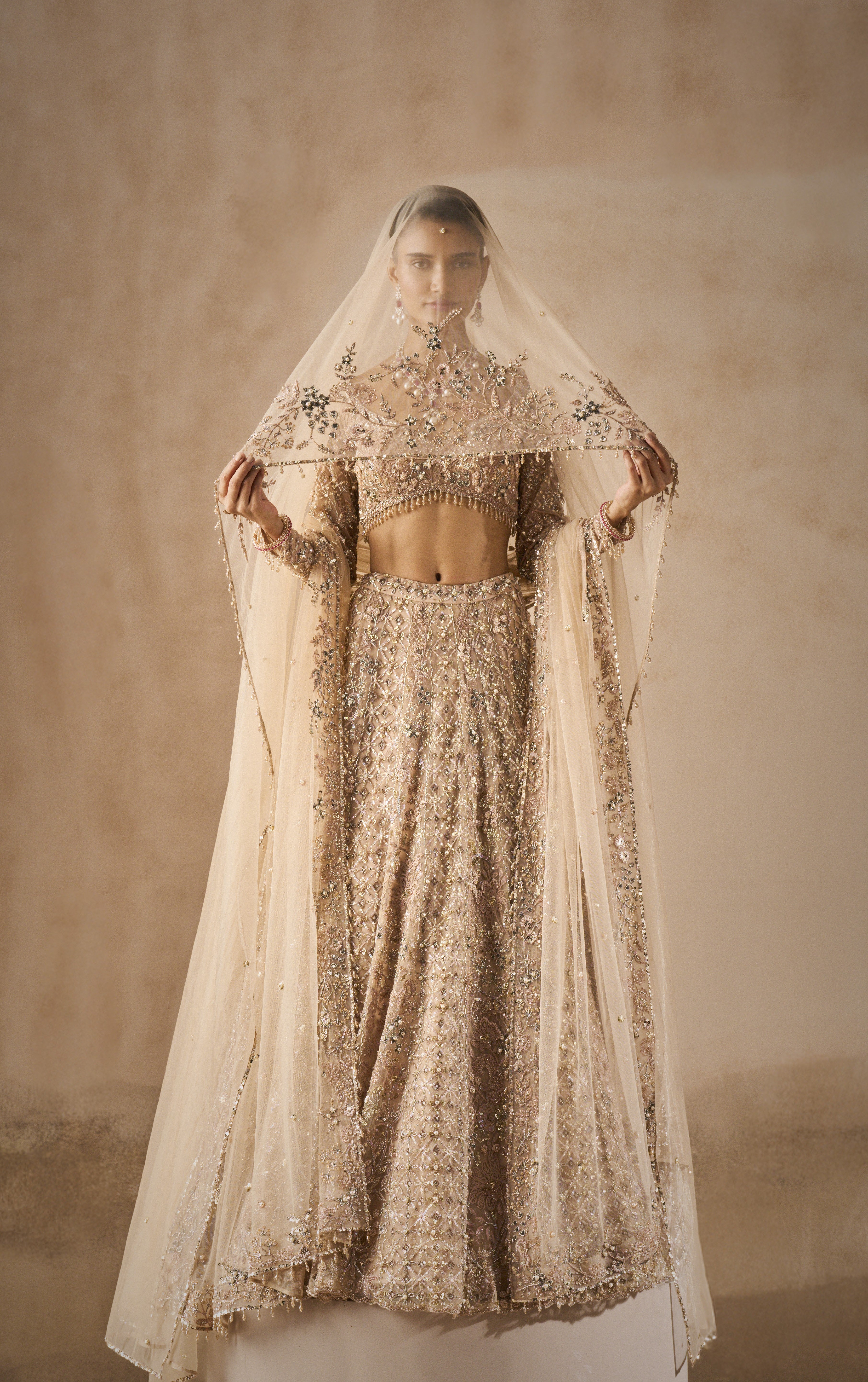 BEIGE NUDE TULLE LEHENGA SET