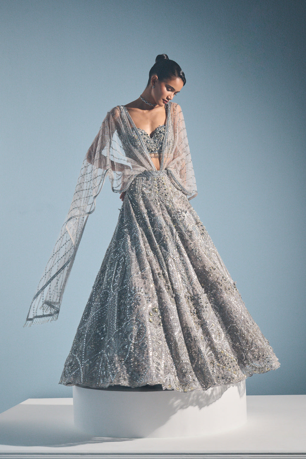 GREY TULLE LEHENGA SET