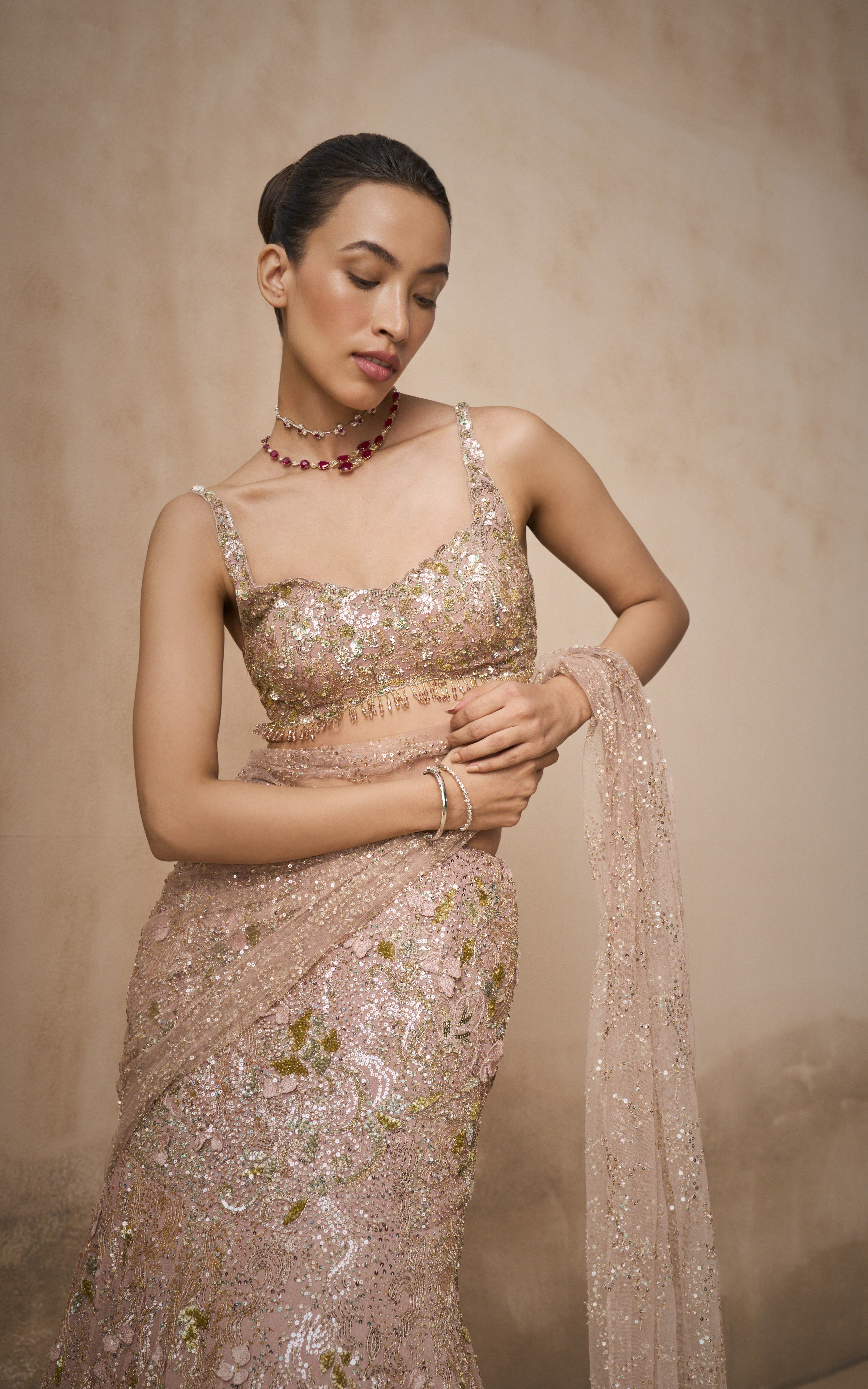 ROSE PINK GEORGETTE  SPARKLE DRAPE LEHENGA SET