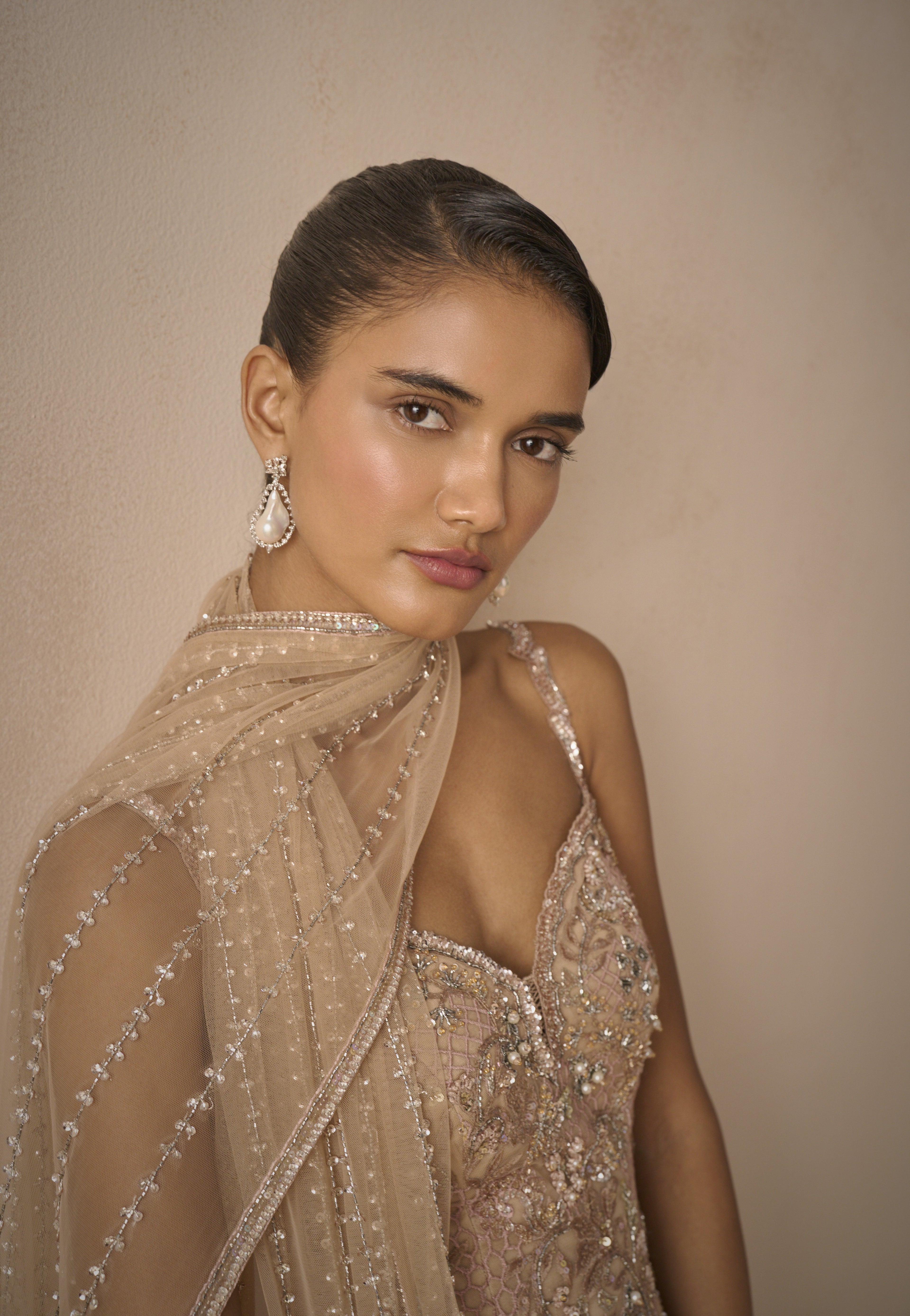 BISCUIT BROWN TULLE STRAPPY GHARARA  SET