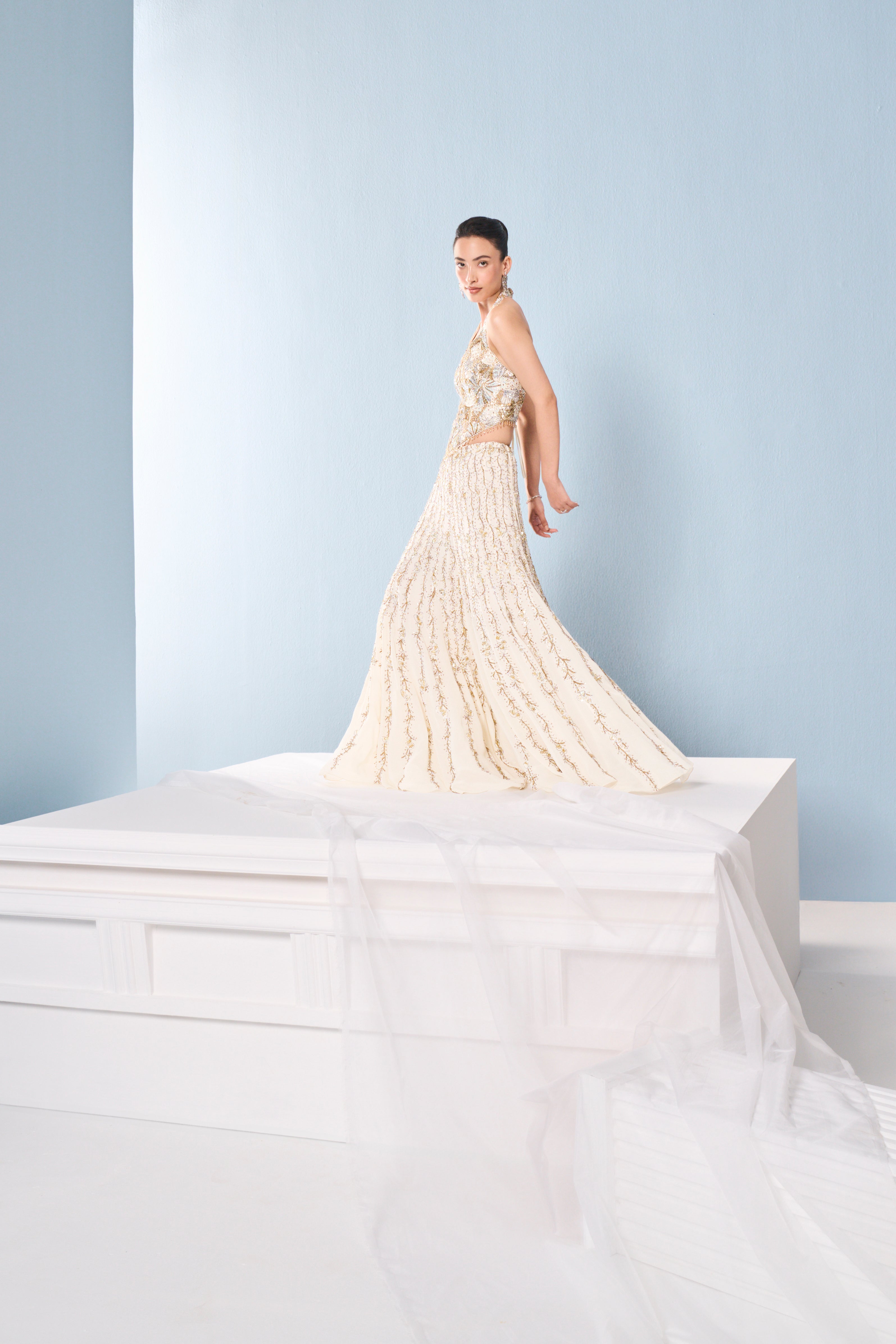 IVORY GEORGETTE HIGH WAIST SHARARA AND CORSET