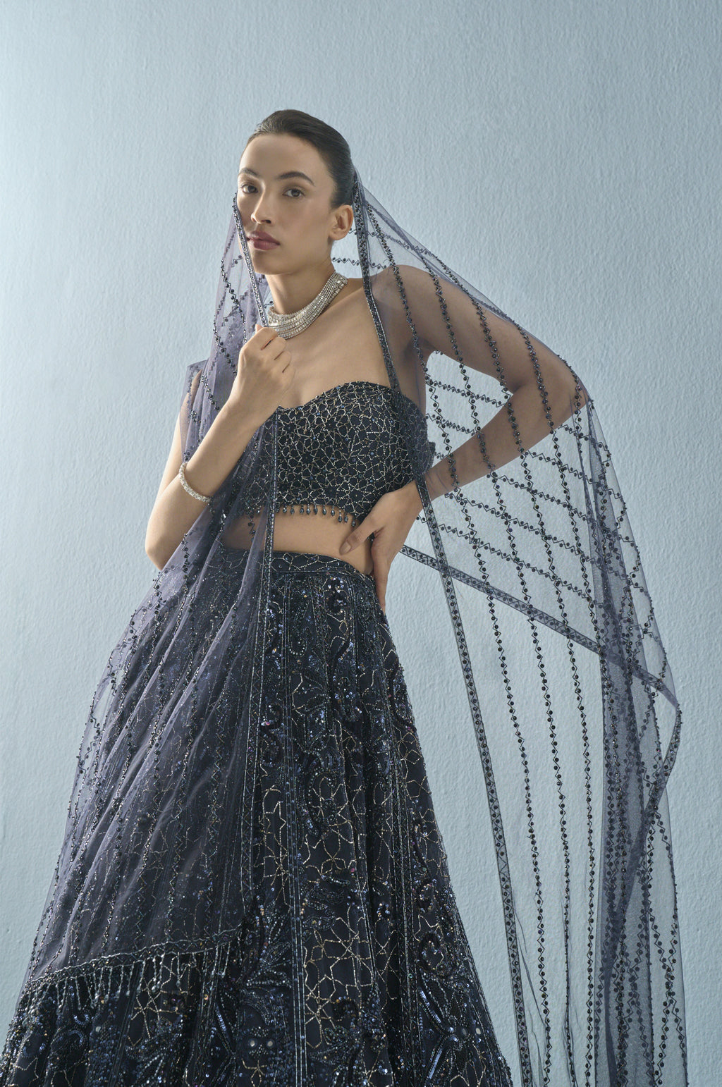 NAVY BLUE TULLE LEHENGA SET