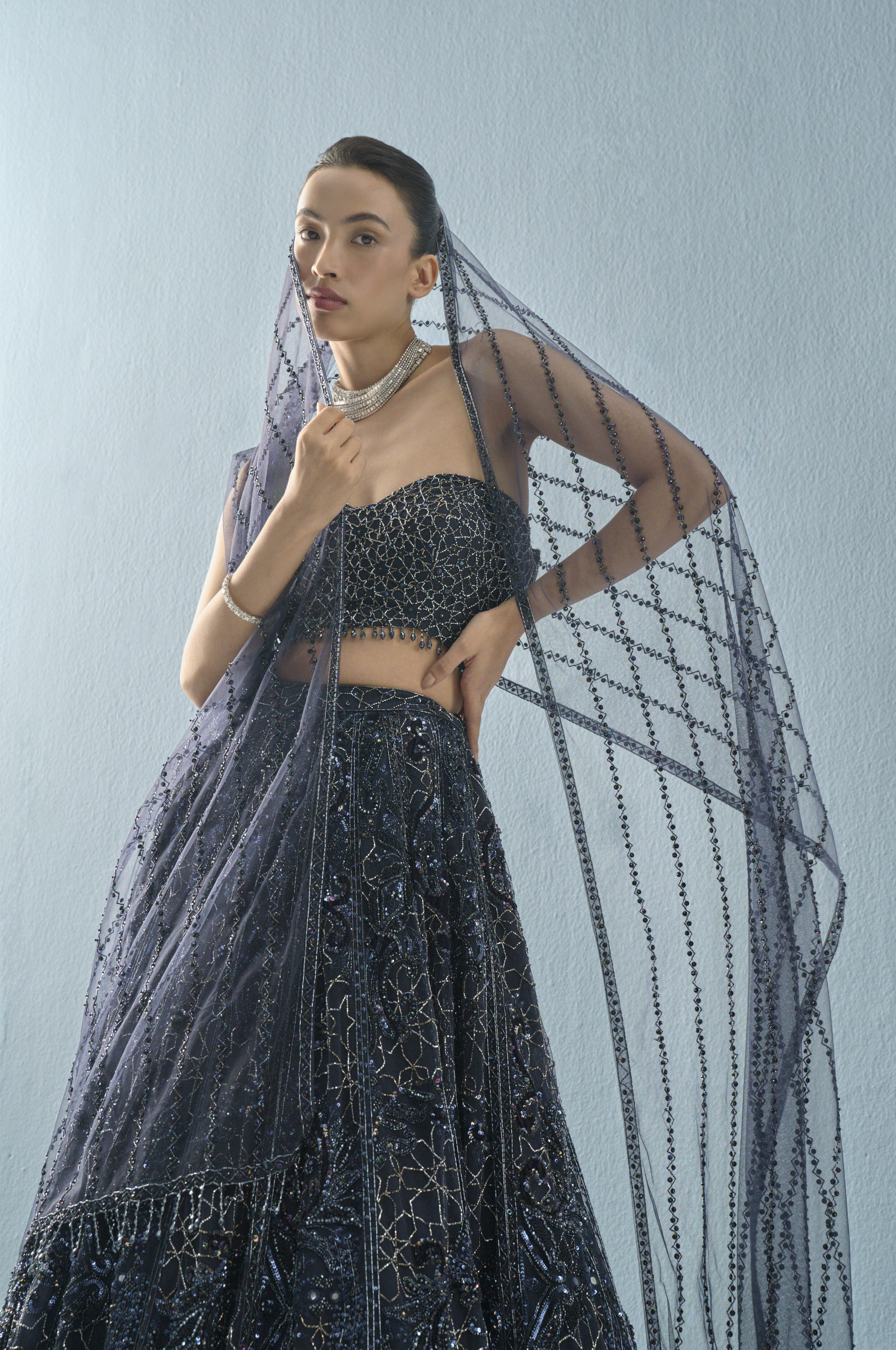 NAVY BLUE TULLE LEHENGA SET