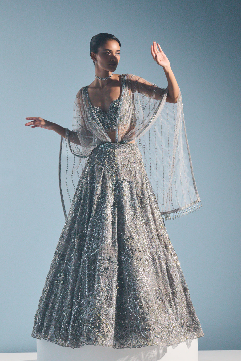 GREY TULLE LEHENGA SET