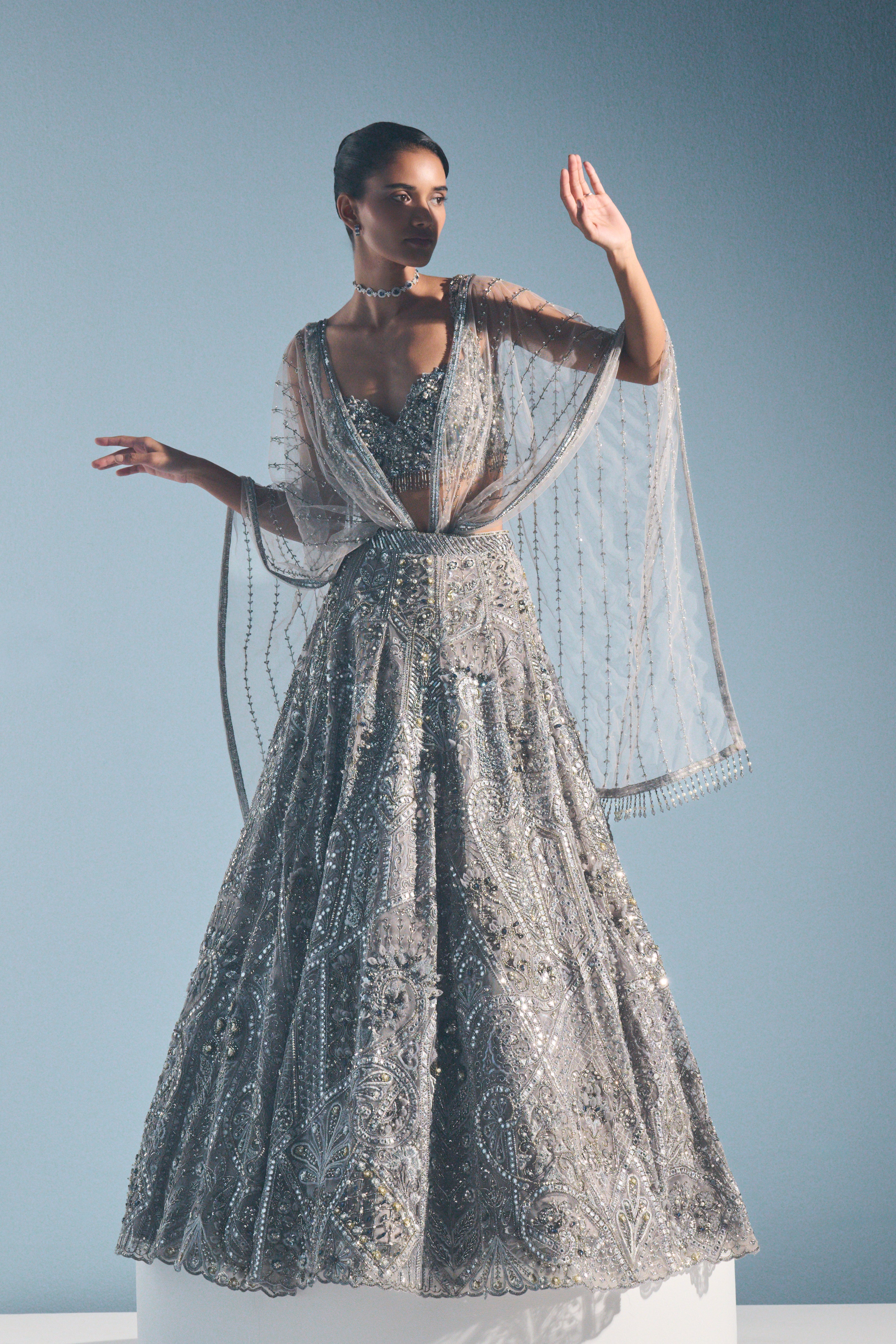 GREY TULLE LEHENGA SET