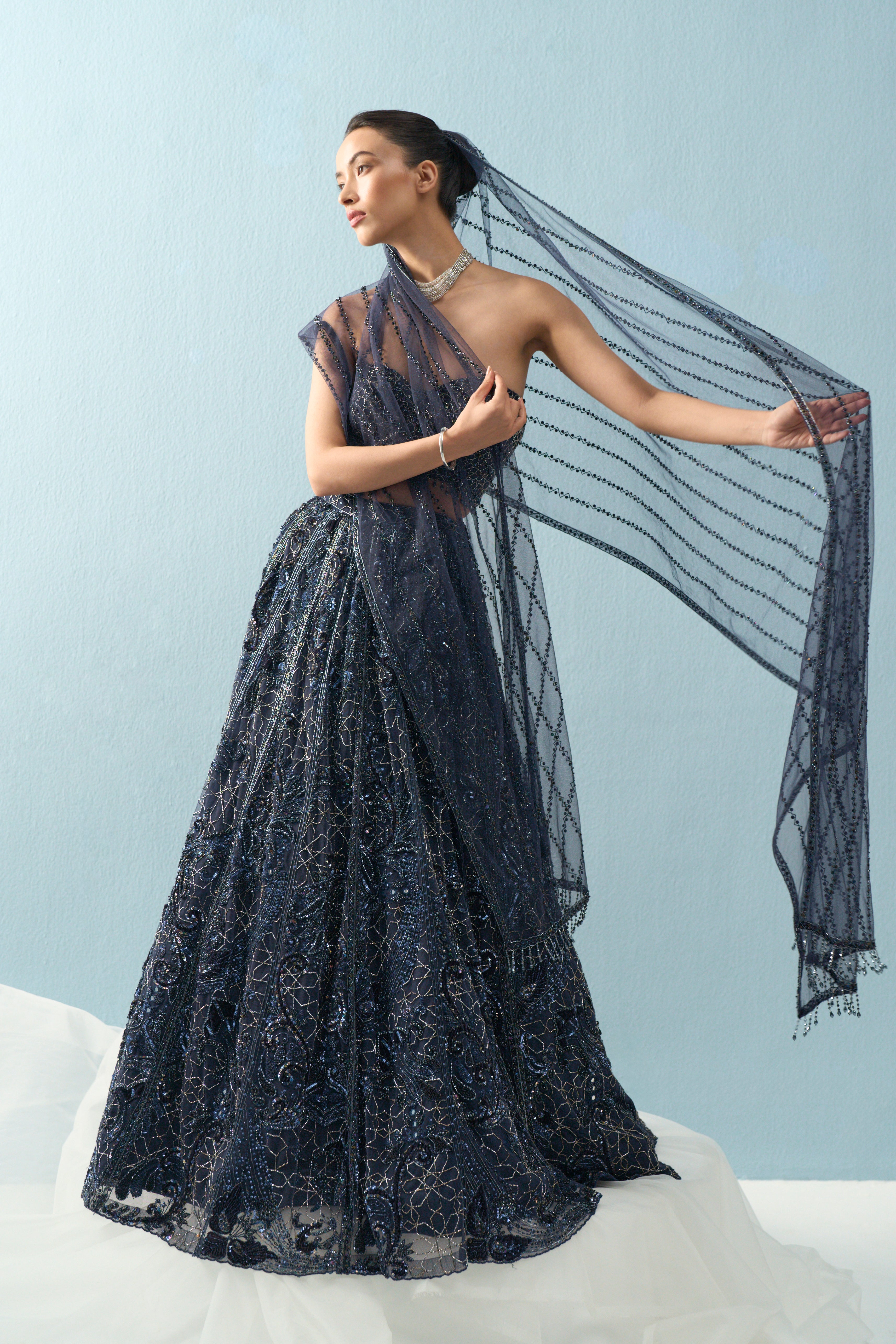NAVY BLUE TULLE LEHENGA SET