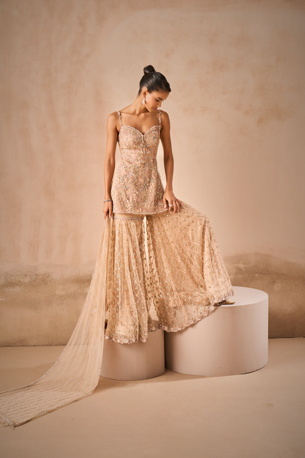 BISCUIT BROWN TULLE STRAPPY GHARARA  SET