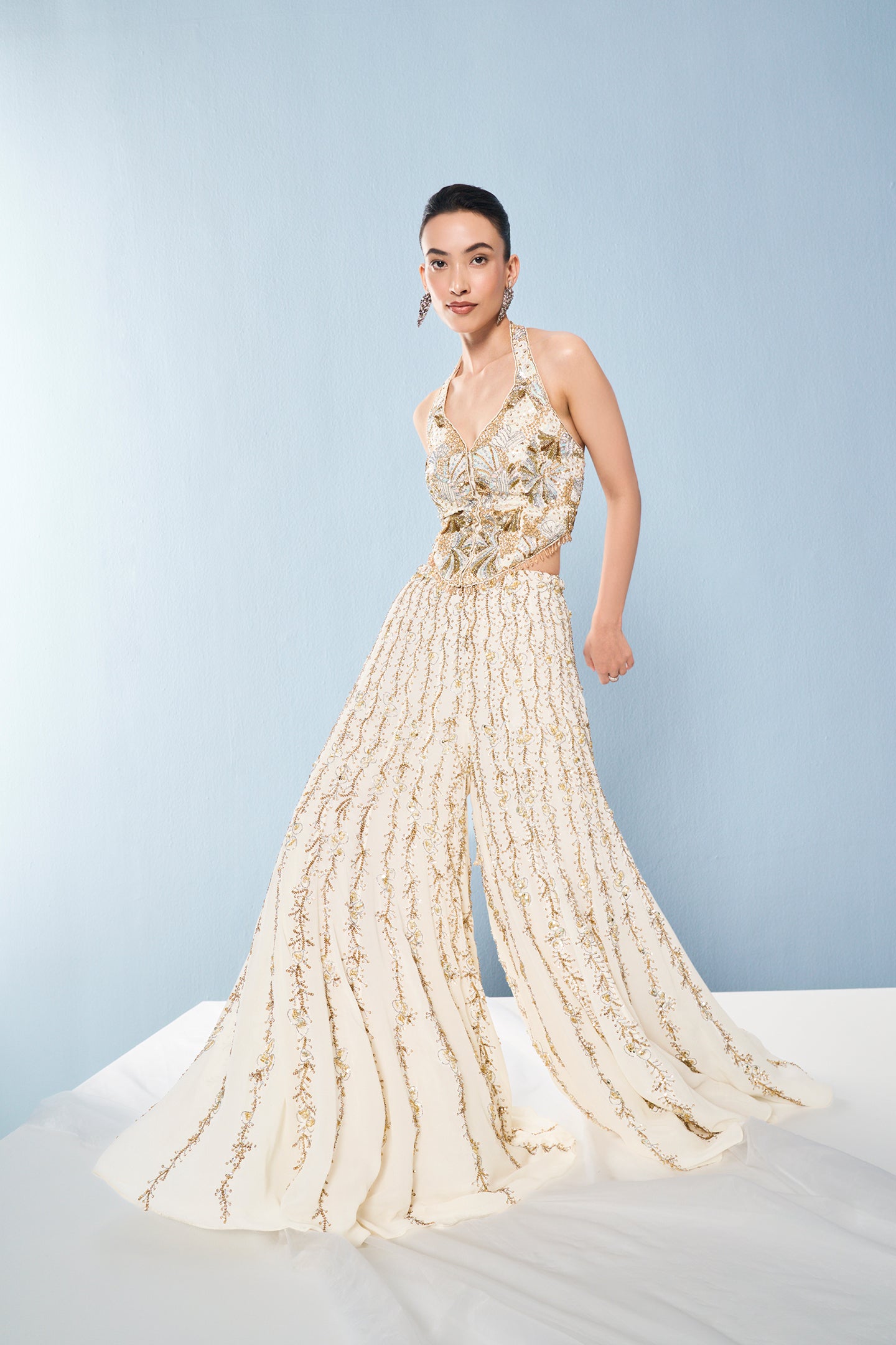 IVORY GEORGETTE HIGH WAIST SHARARA AND CORSET