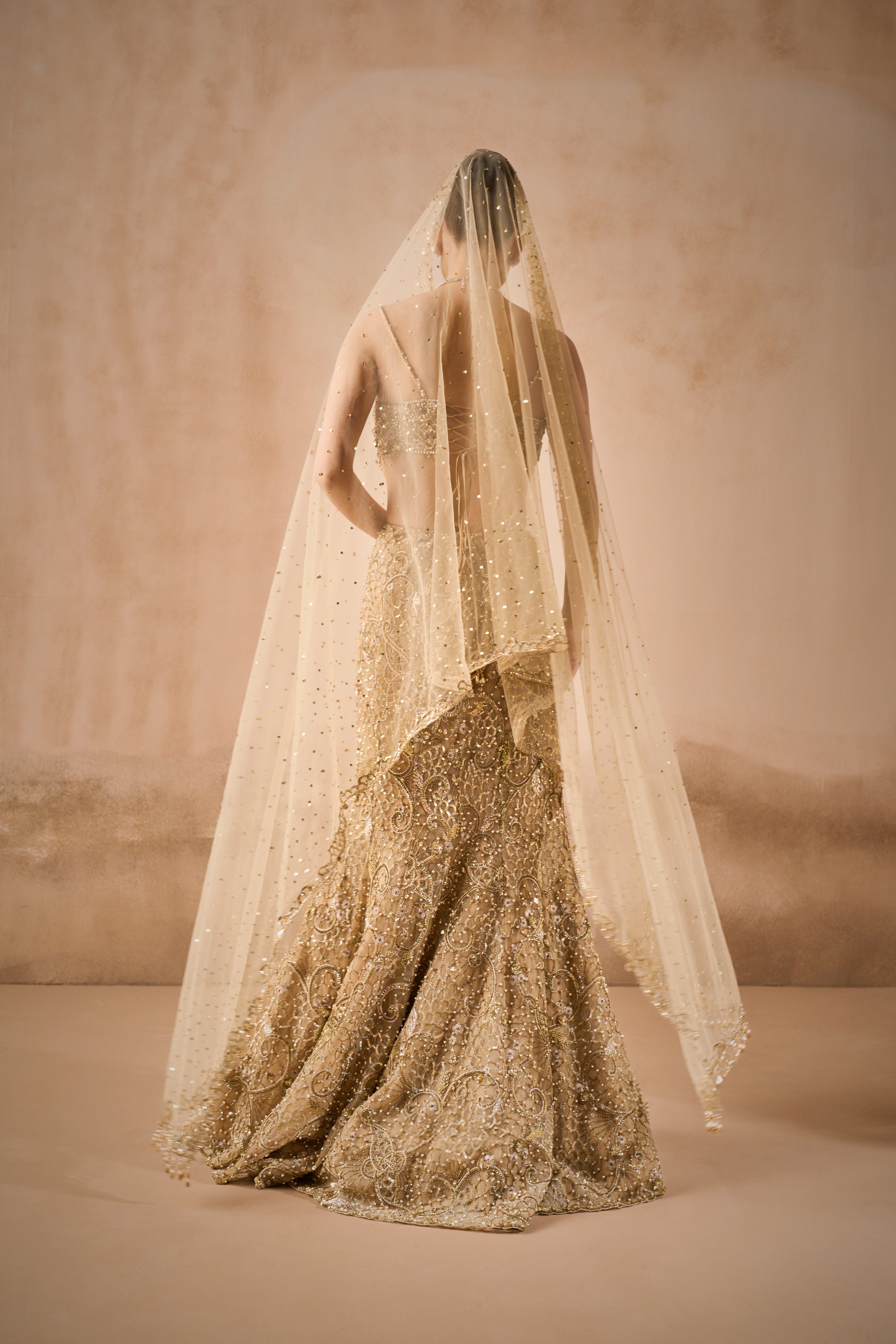 BEIGE GOLD SPARKLE TULLE FIT AND FLARE LEHENGA SET