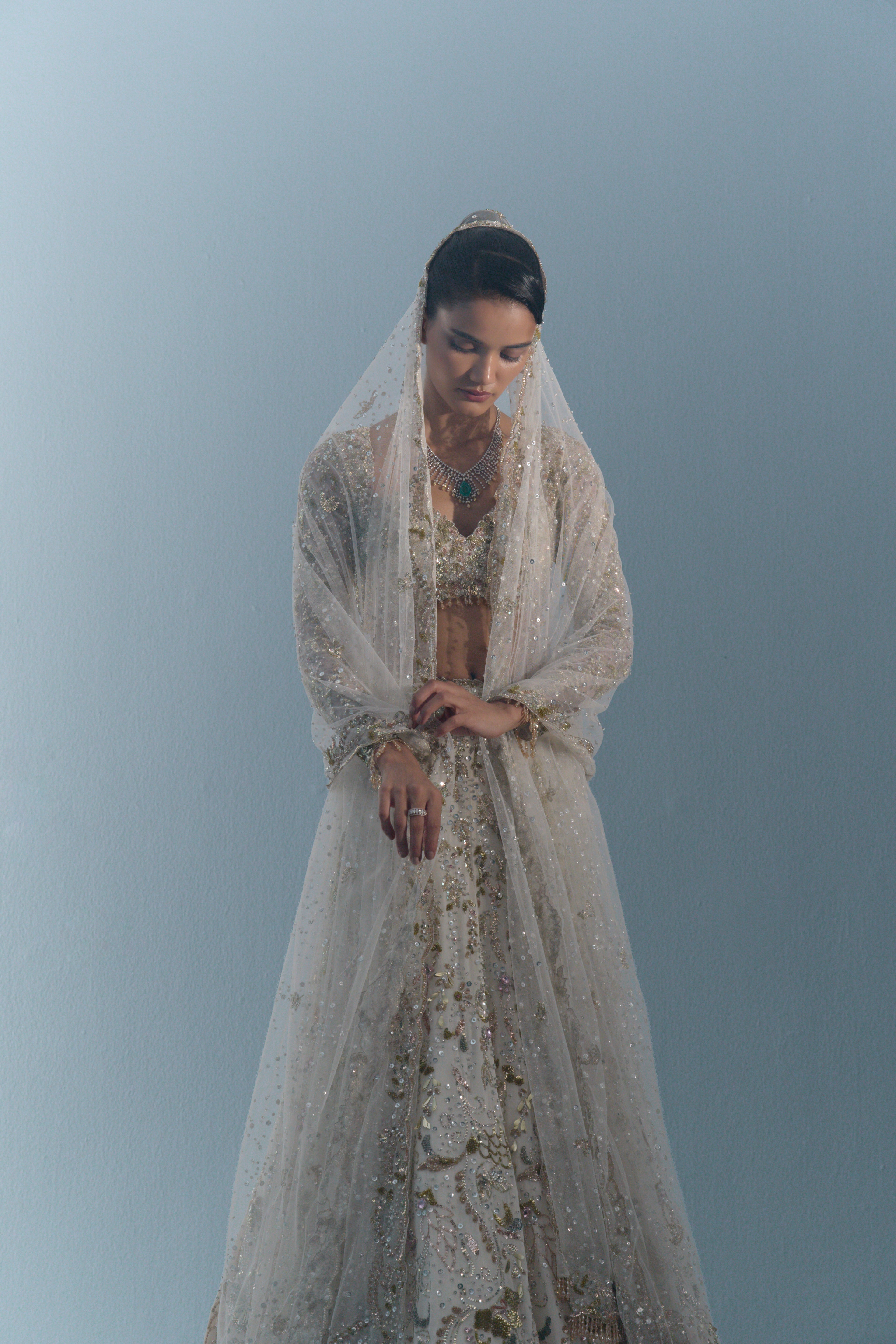 IVORY GEORGETTE FITTED  LEHENGA SET