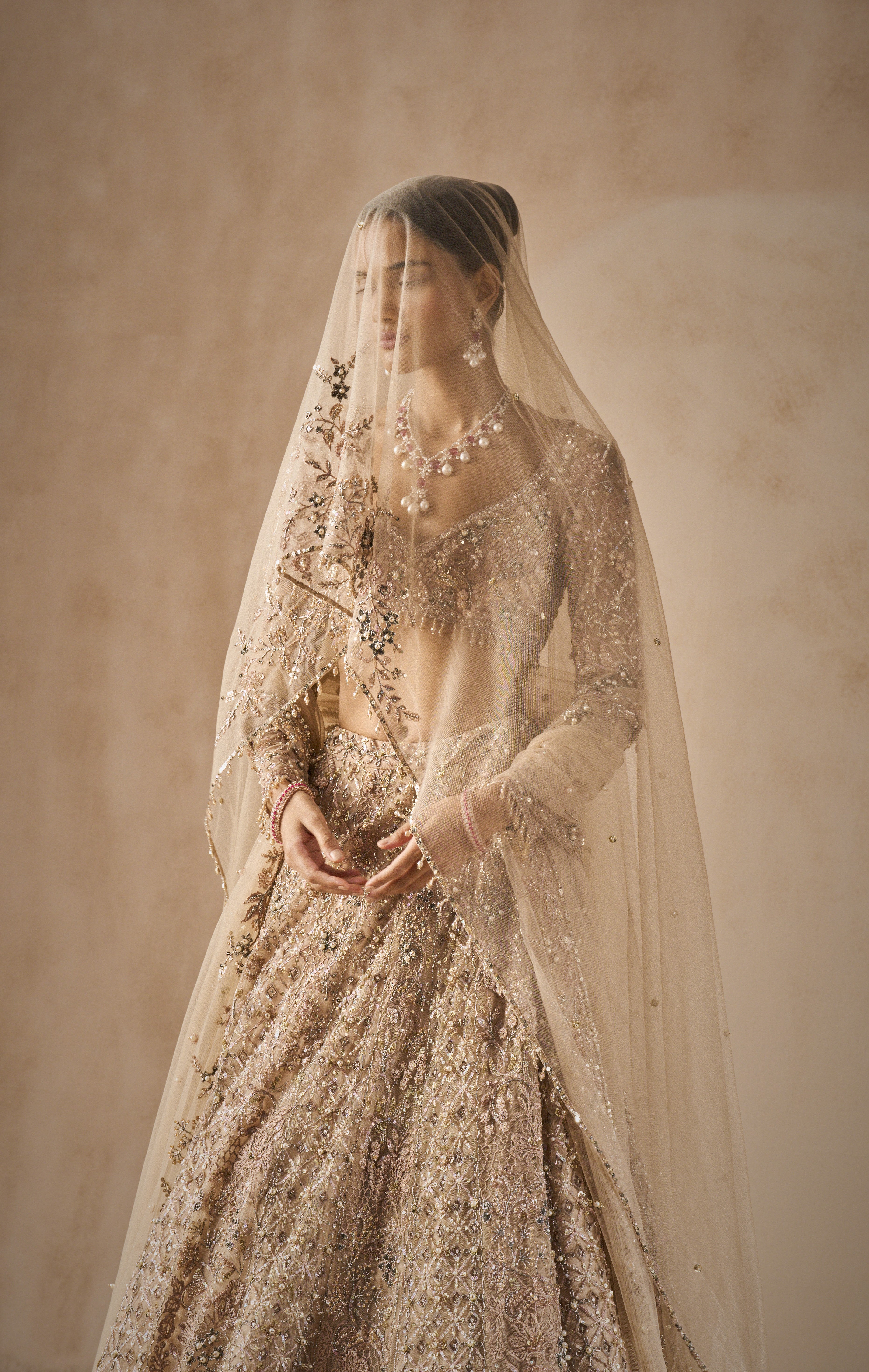 BEIGE NUDE TULLE LEHENGA SET