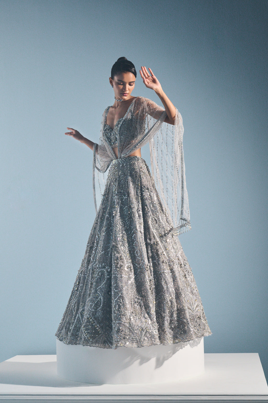 GREY TULLE LEHENGA SET