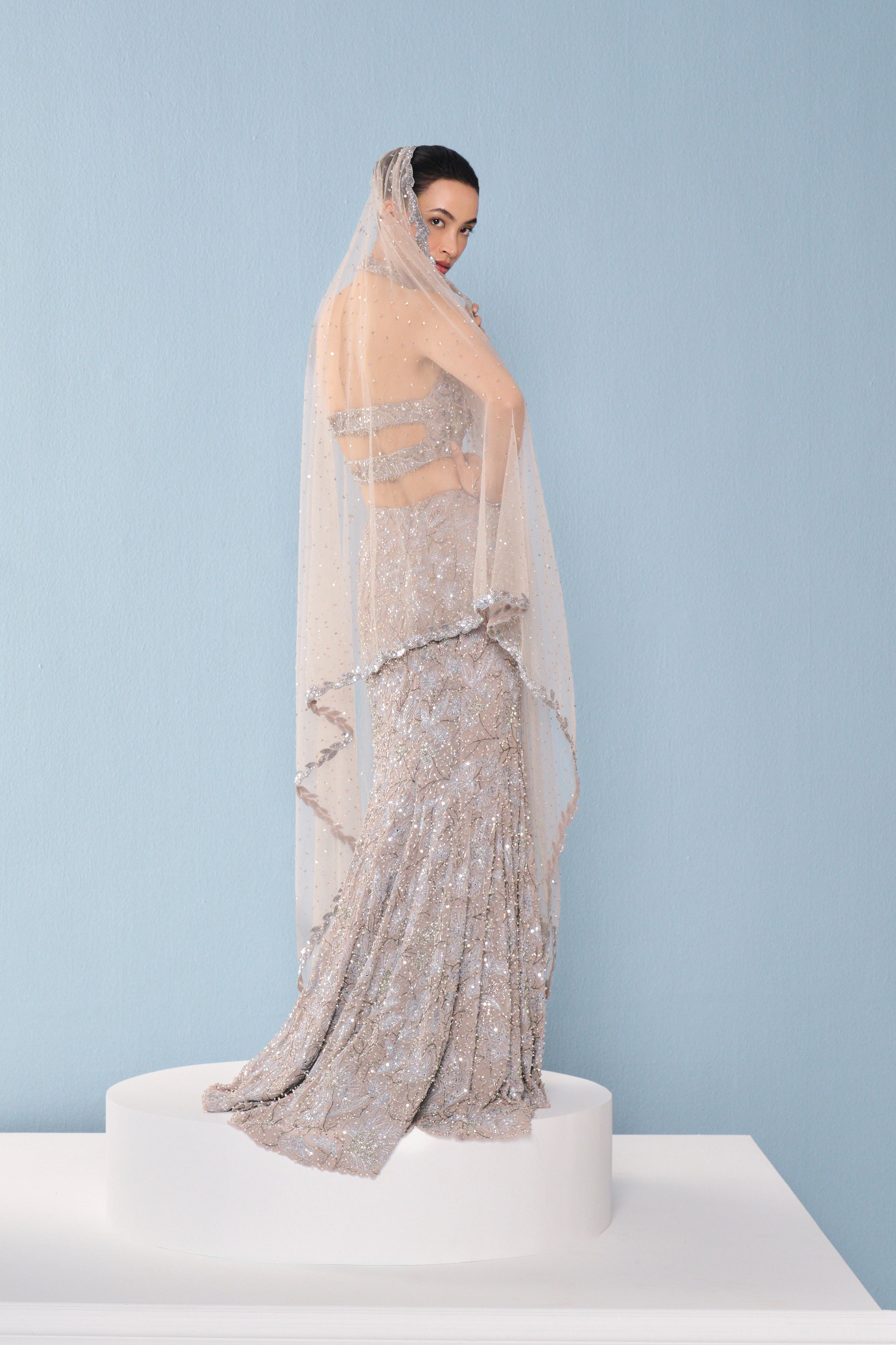 GREY TULLE FIT AND FLARE LEHENGA SET