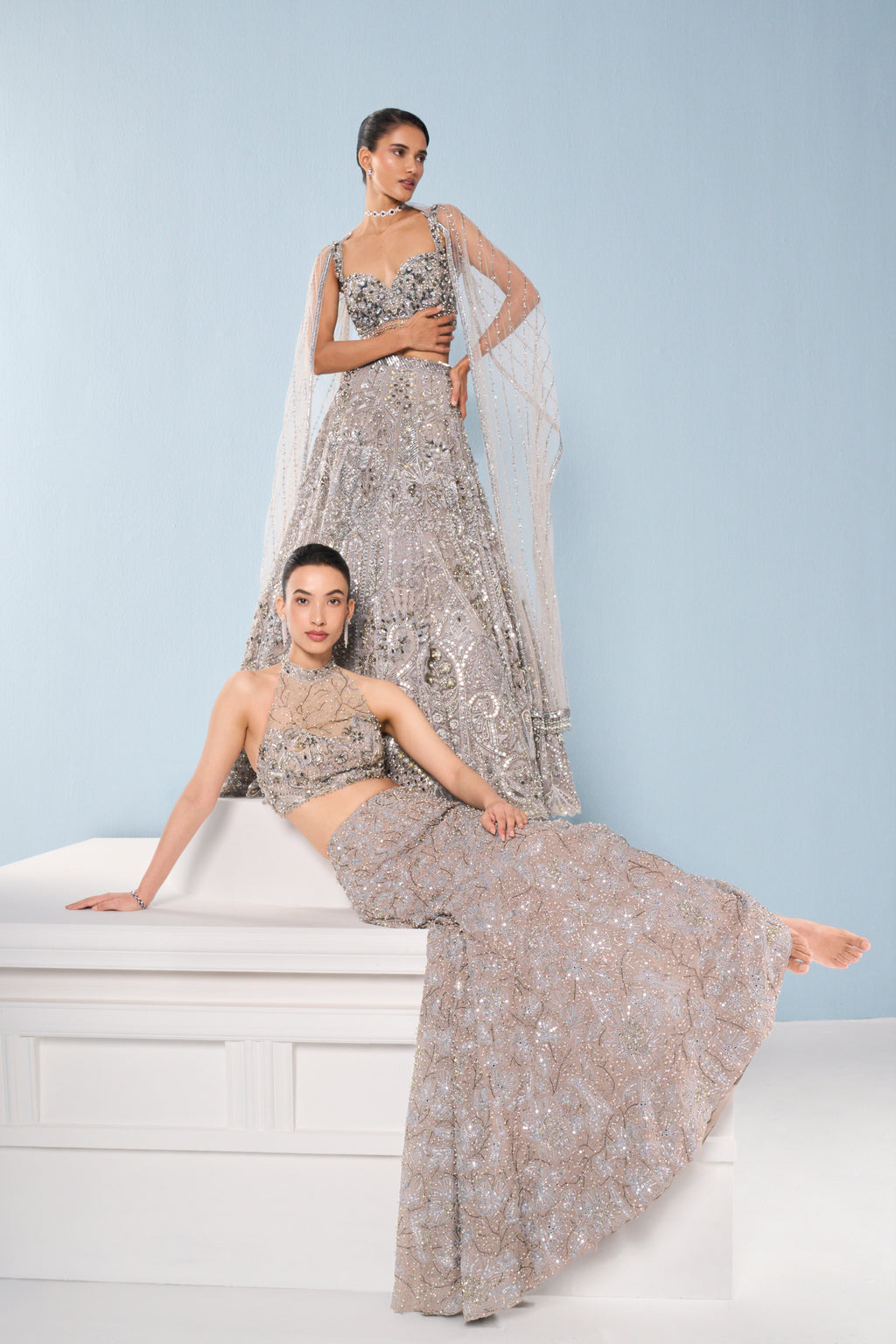 GREY TULLE LEHENGA SET