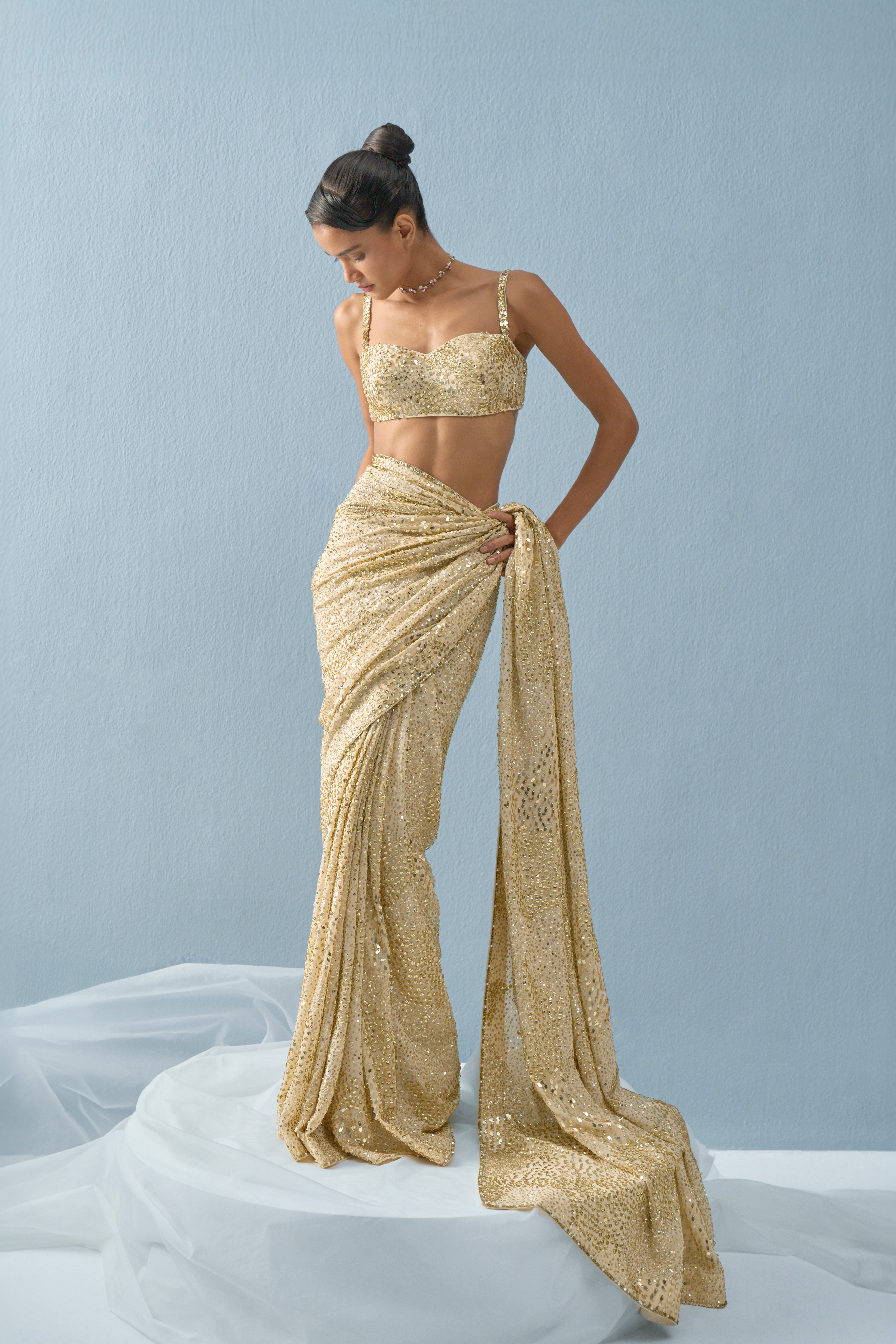 IVORY GEORGETTE SPARKLE SAREE SET