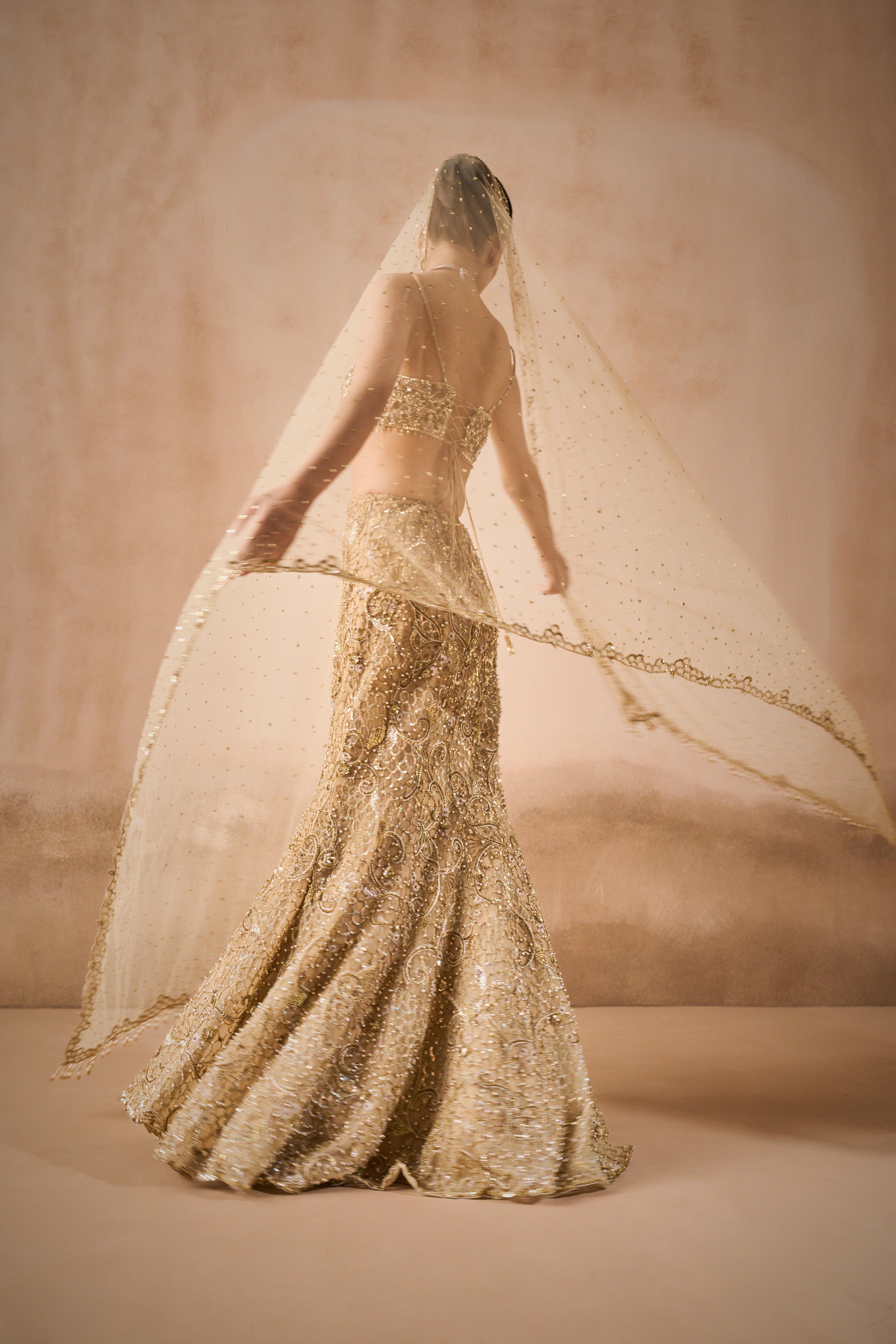 BEIGE GOLD SPARKLE TULLE FIT AND FLARE LEHENGA SET