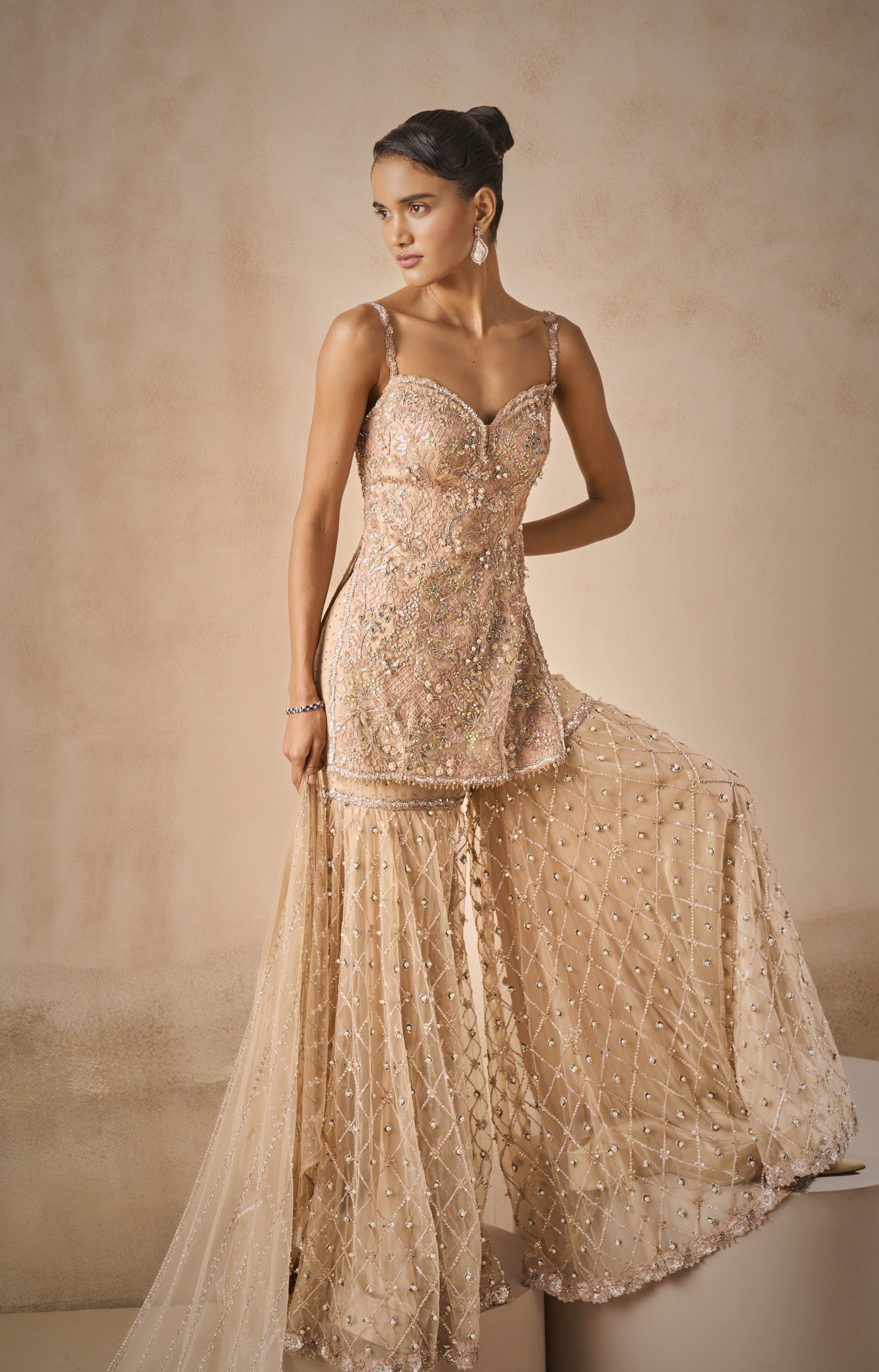 BISCUIT BROWN TULLE STRAPPY GHARARA  SET