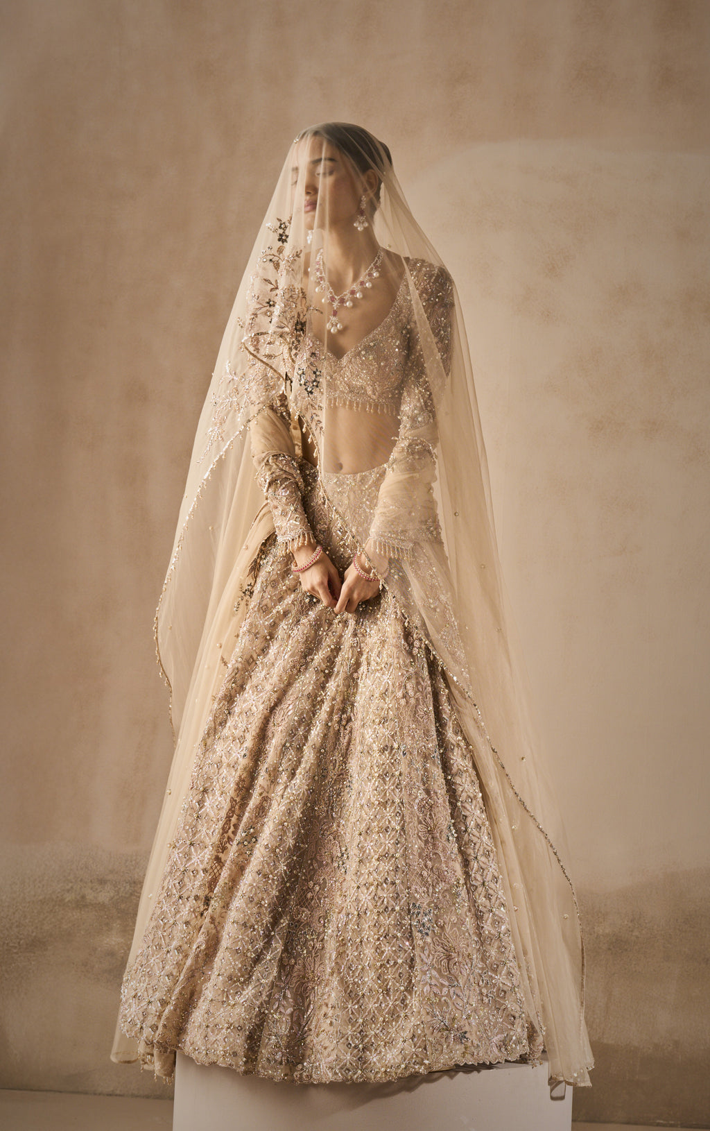 BEIGE NUDE TULLE LEHENGA SET