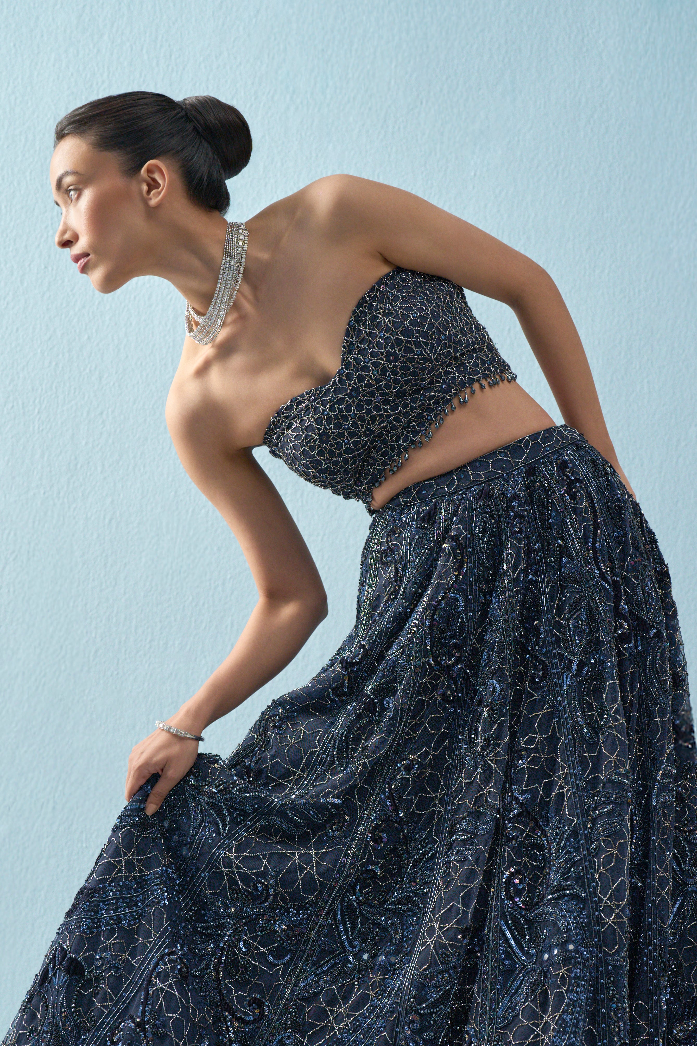 NAVY BLUE TULLE LEHENGA SET