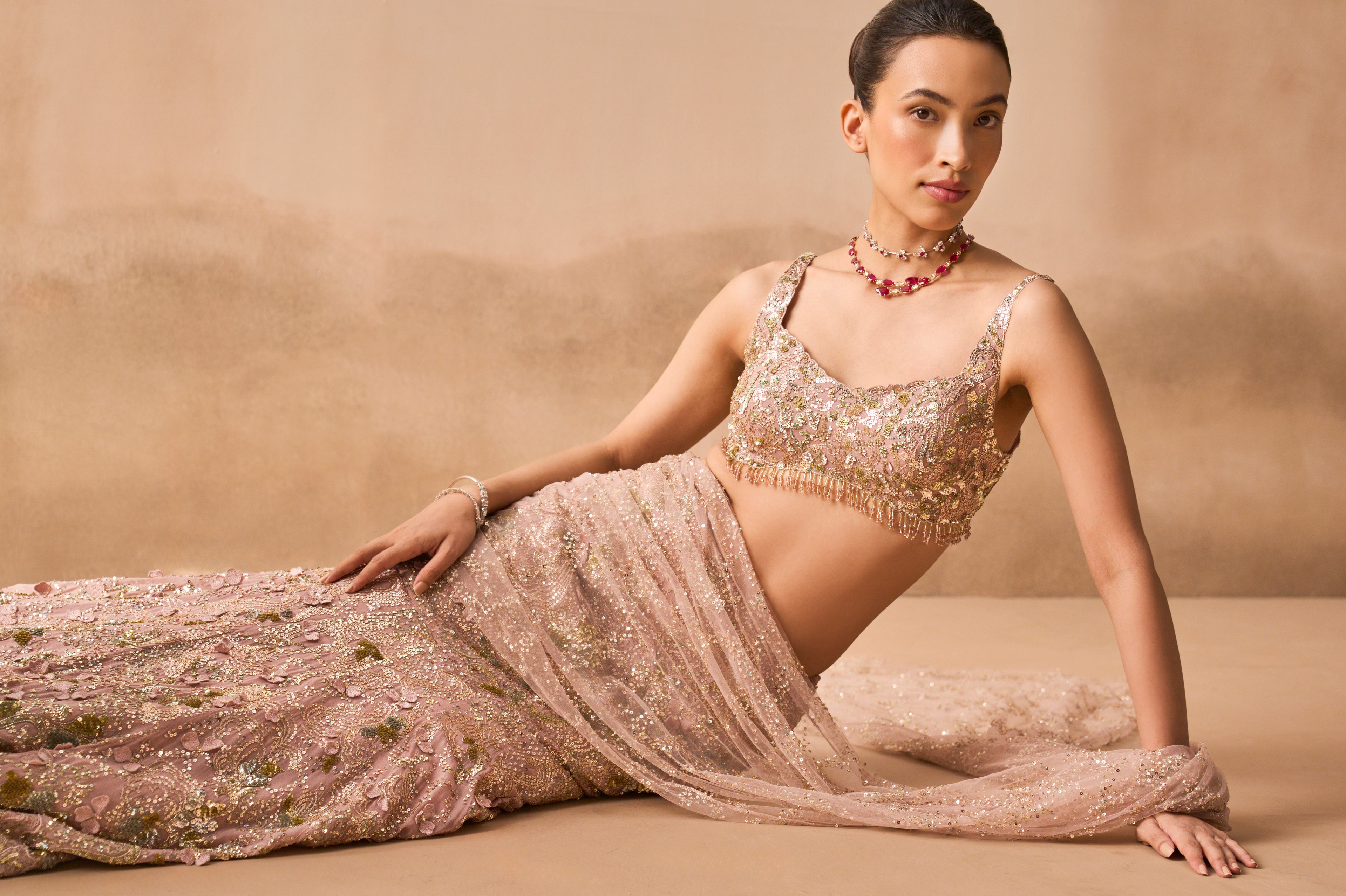 ROSE PINK GEORGETTE  SPARKLE DRAPE LEHENGA SET