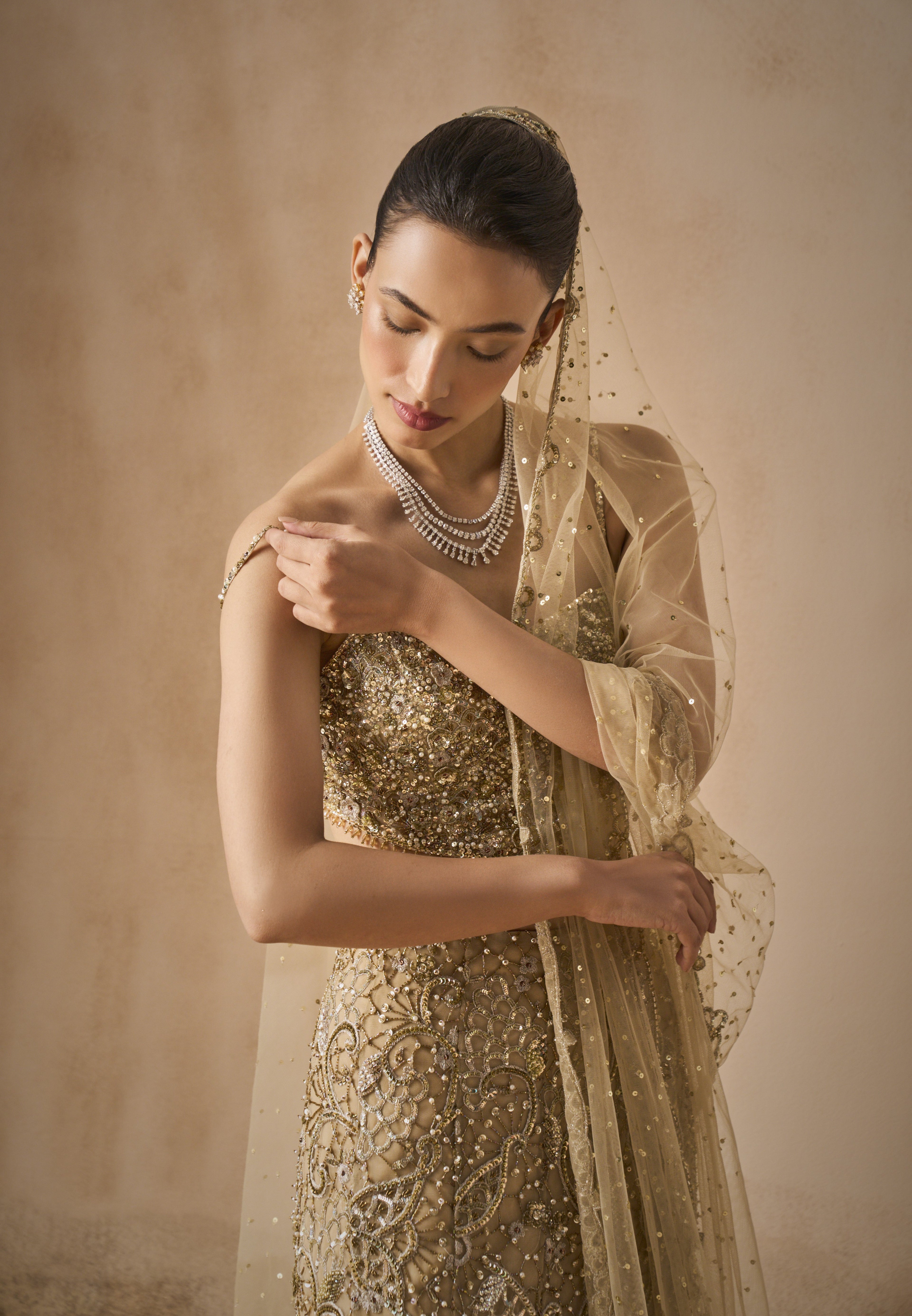 BEIGE GOLD SPARKLE TULLE FIT AND FLARE LEHENGA SET