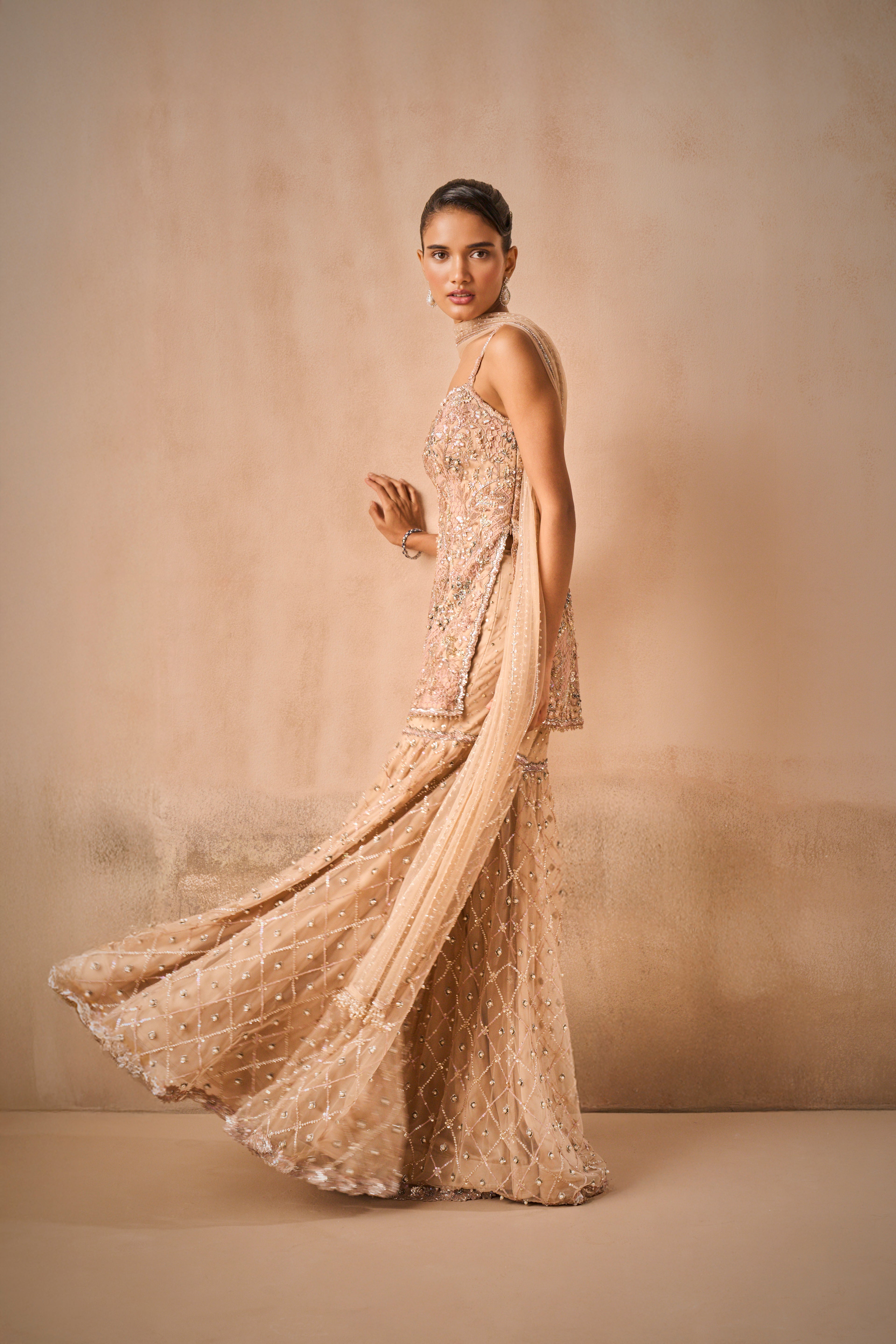 BISCUIT BROWN TULLE STRAPPY GHARARA  SET