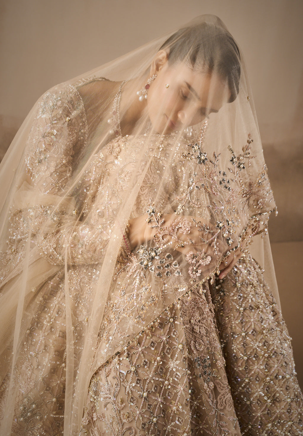 BEIGE NUDE TULLE LEHENGA SET