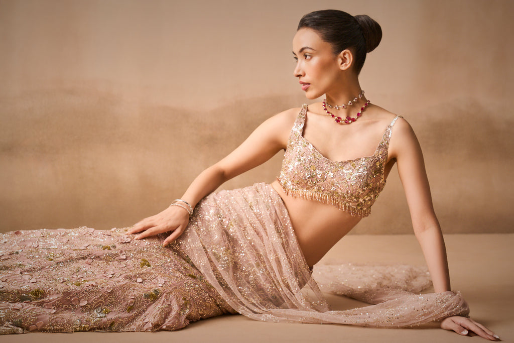 ROSE PINK GEORGETTE  SPARKLE DRAPE LEHENGA SET