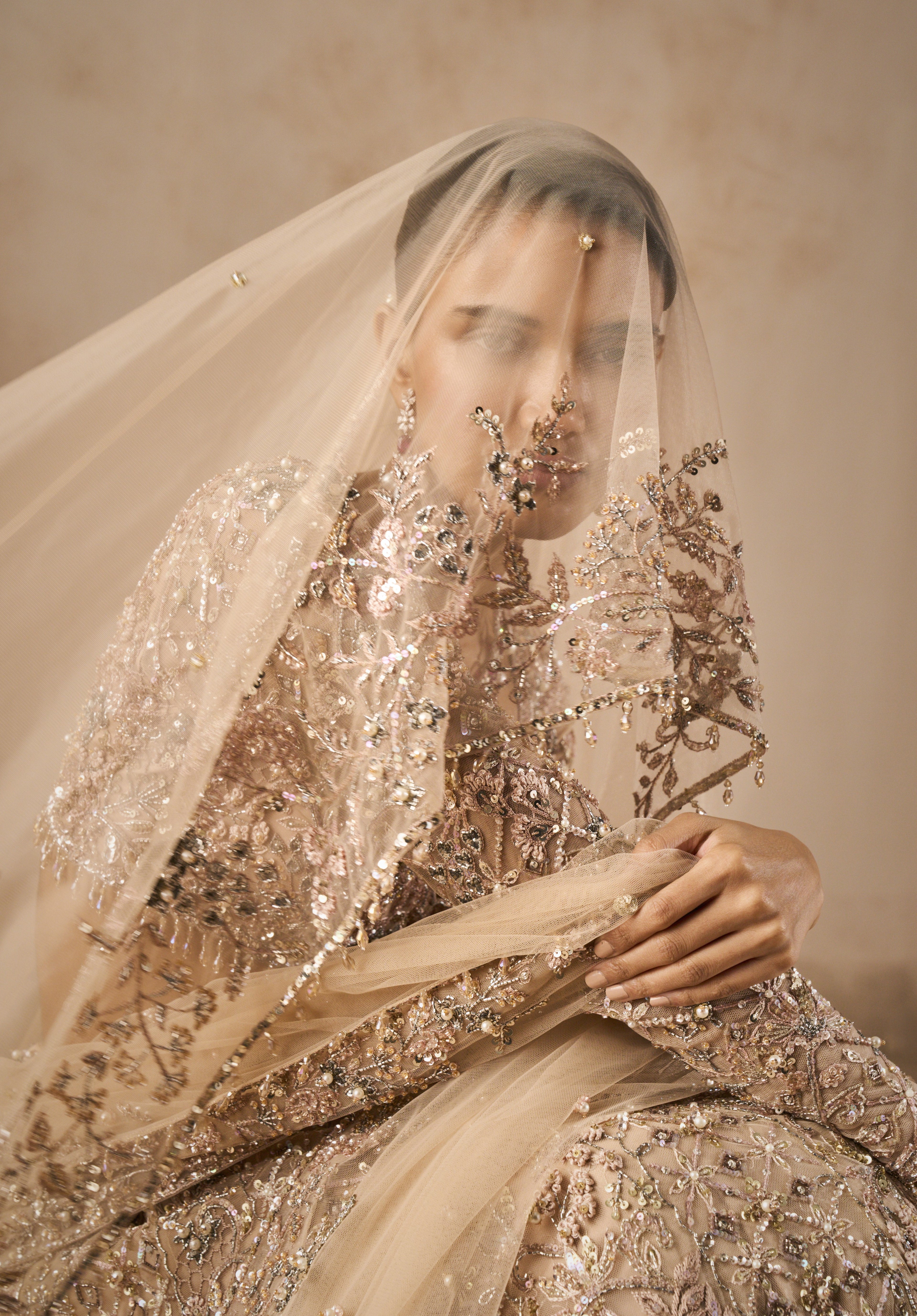 BEIGE NUDE TULLE LEHENGA SET