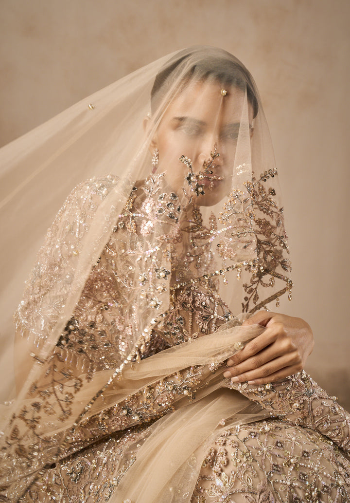BEIGE NUDE TULLE LEHENGA SET