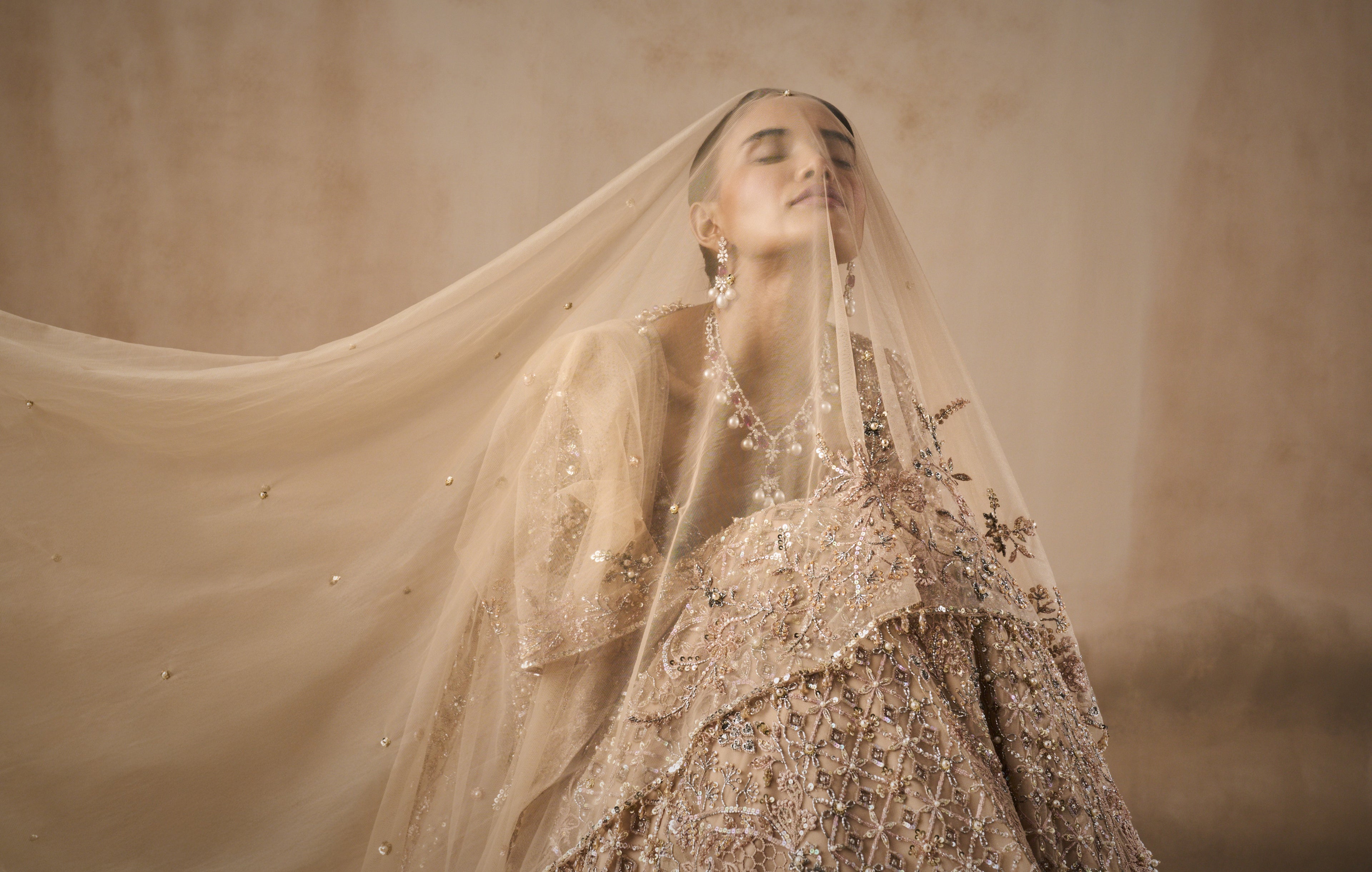 BEIGE NUDE TULLE LEHENGA SET