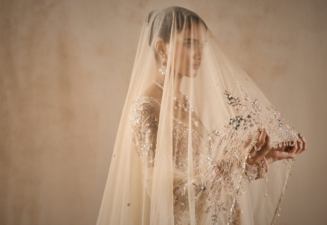BEIGE NUDE TULLE LEHENGA SET