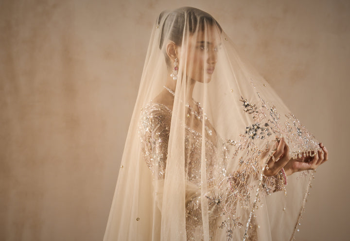 BEIGE NUDE TULLE LEHENGA SET