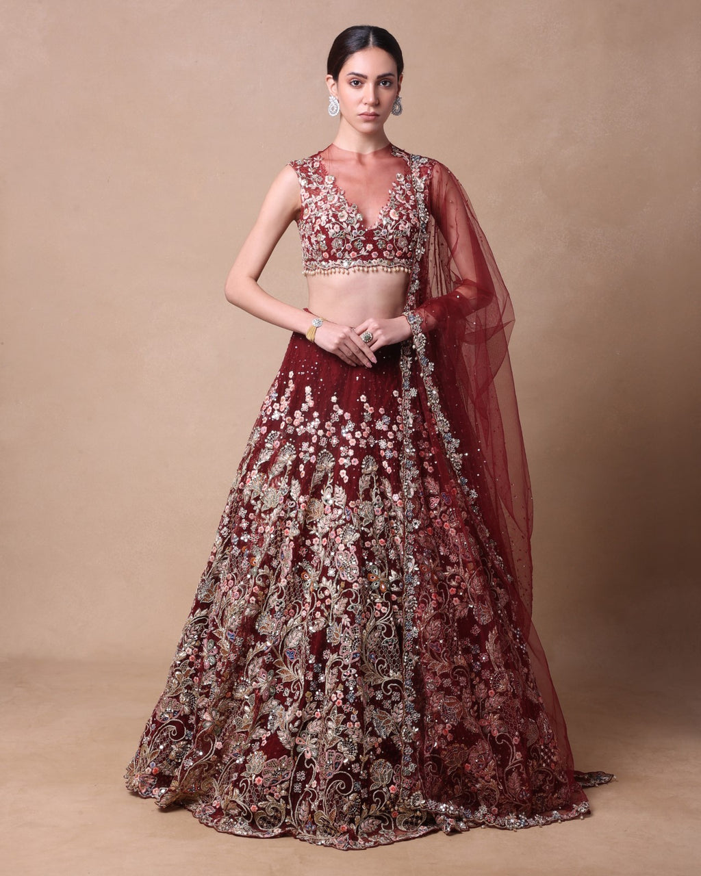 Maroon Tulla Lehenga Set