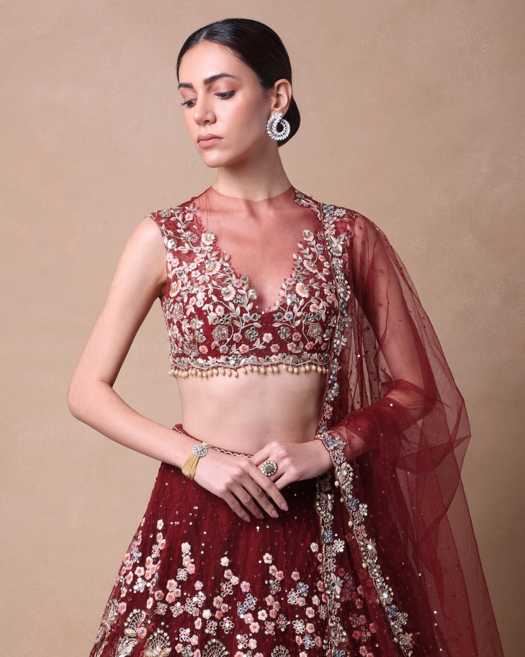 Maroon Tulla Lehenga Set