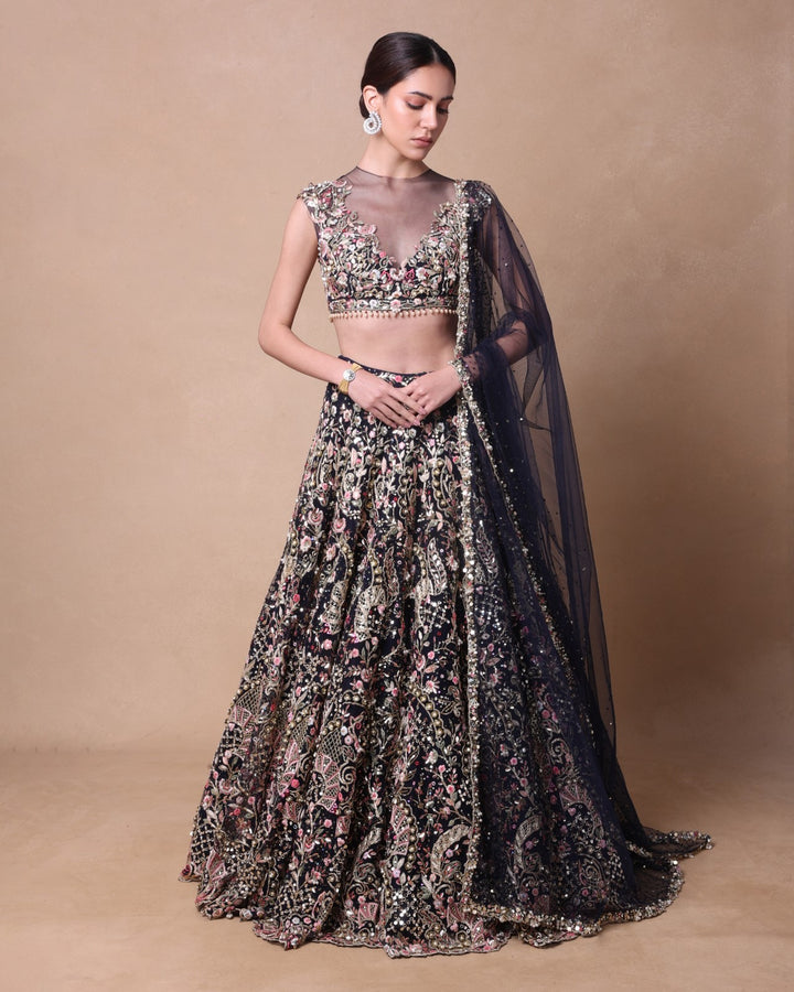 Navy Blue Tulle Embroidered Lehenga Set