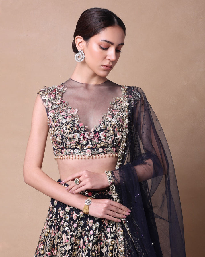 Navy Blue Tulle Embroidered Lehenga Set