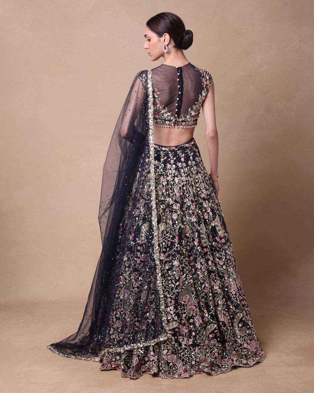 Navy Blue Tulle Embroidered Lehenga Set