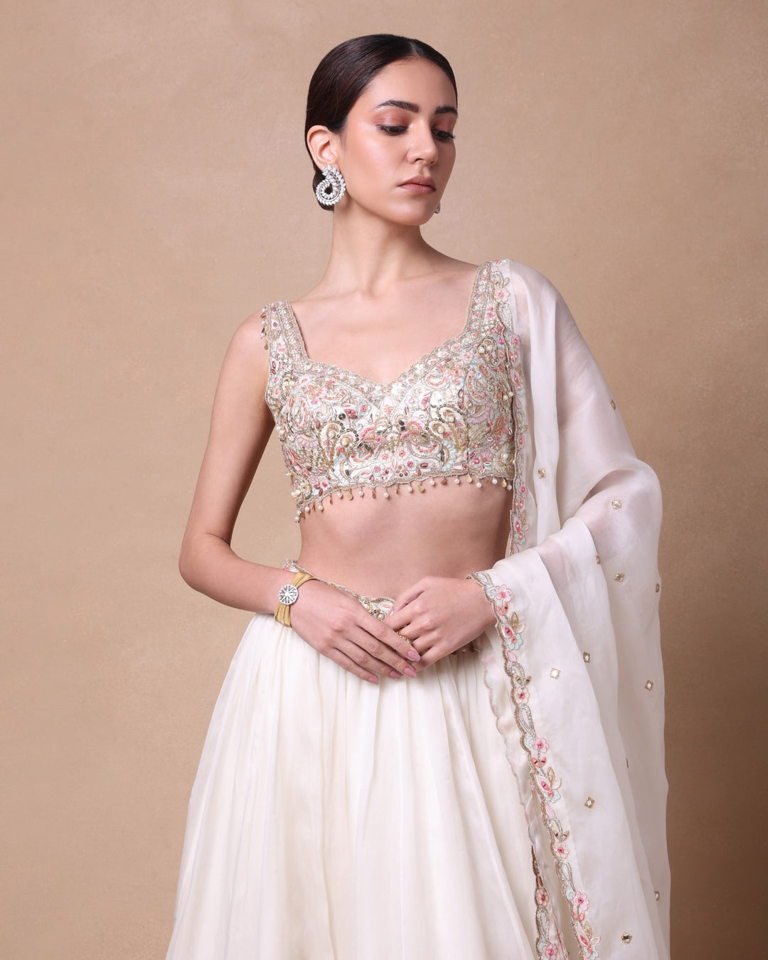 Ivory Organza Lehenga Set With Placement Embroidery