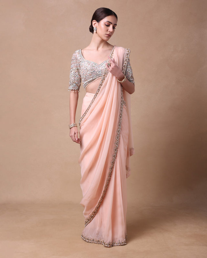 Peach Organza Pre Draped Mirror Saree Set