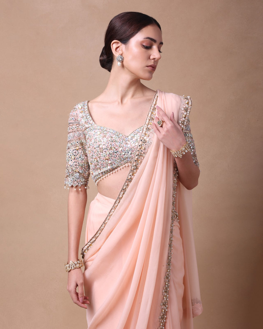 Peach Organza Pre Draped Mirror Saree Set