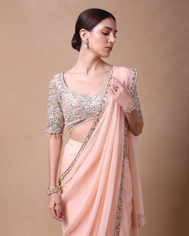 Peach Organza Pre Draped Mirror Saree Set