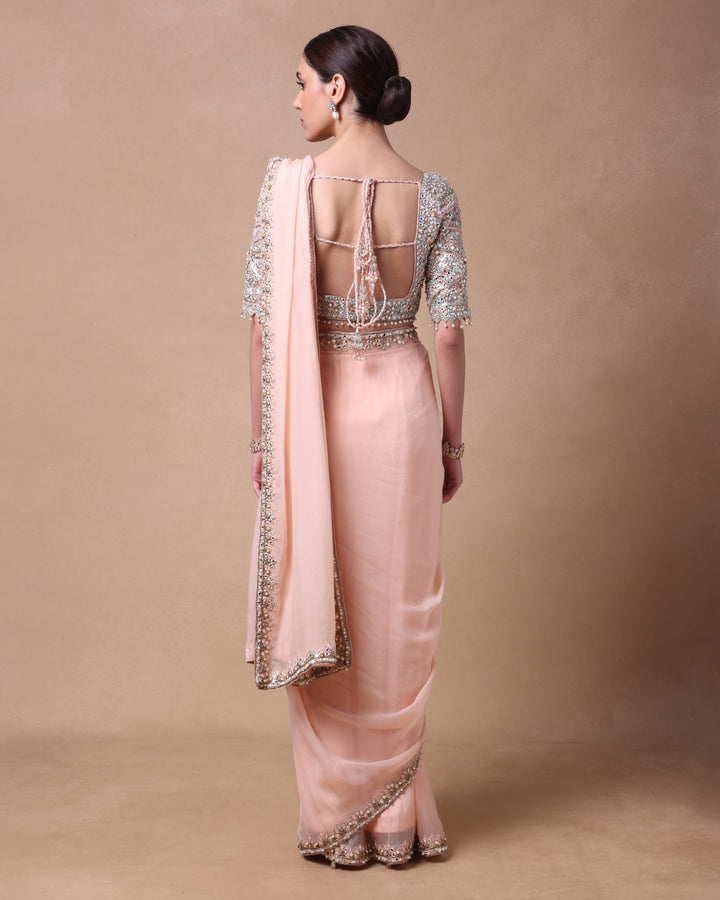 Peach Organza Pre Draped Mirror Saree Set