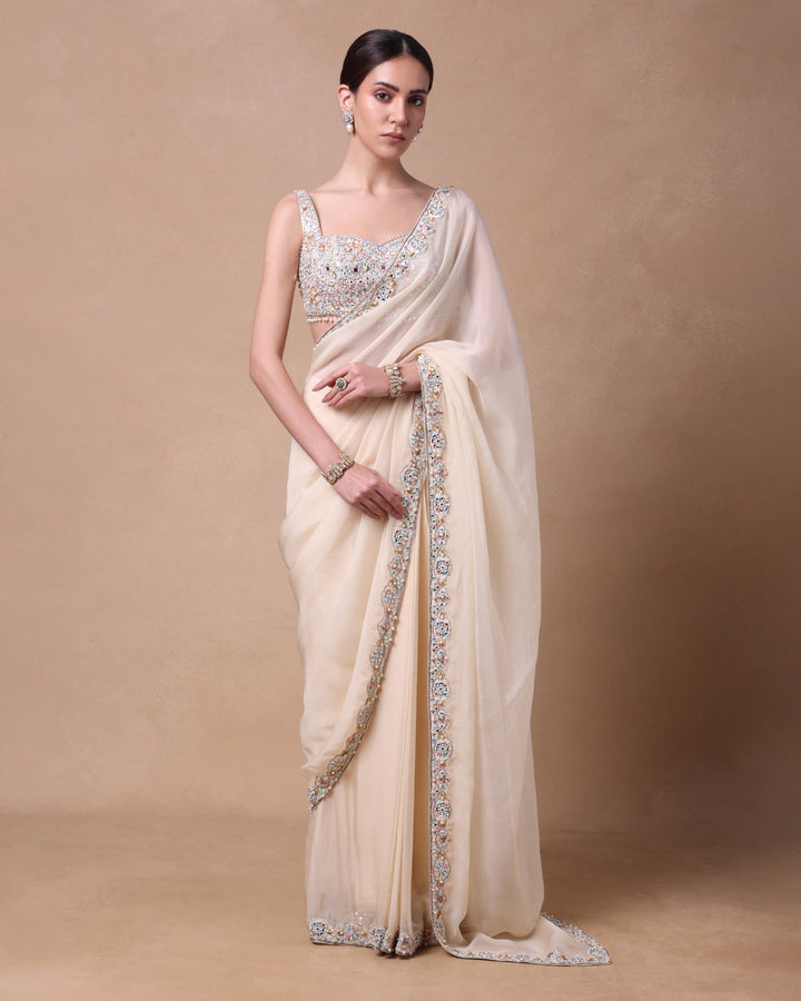 Ivory Organza Pre Draped Mirror Saree Set