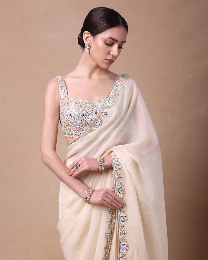 Ivory Organza Pre Draped Mirror Saree Set